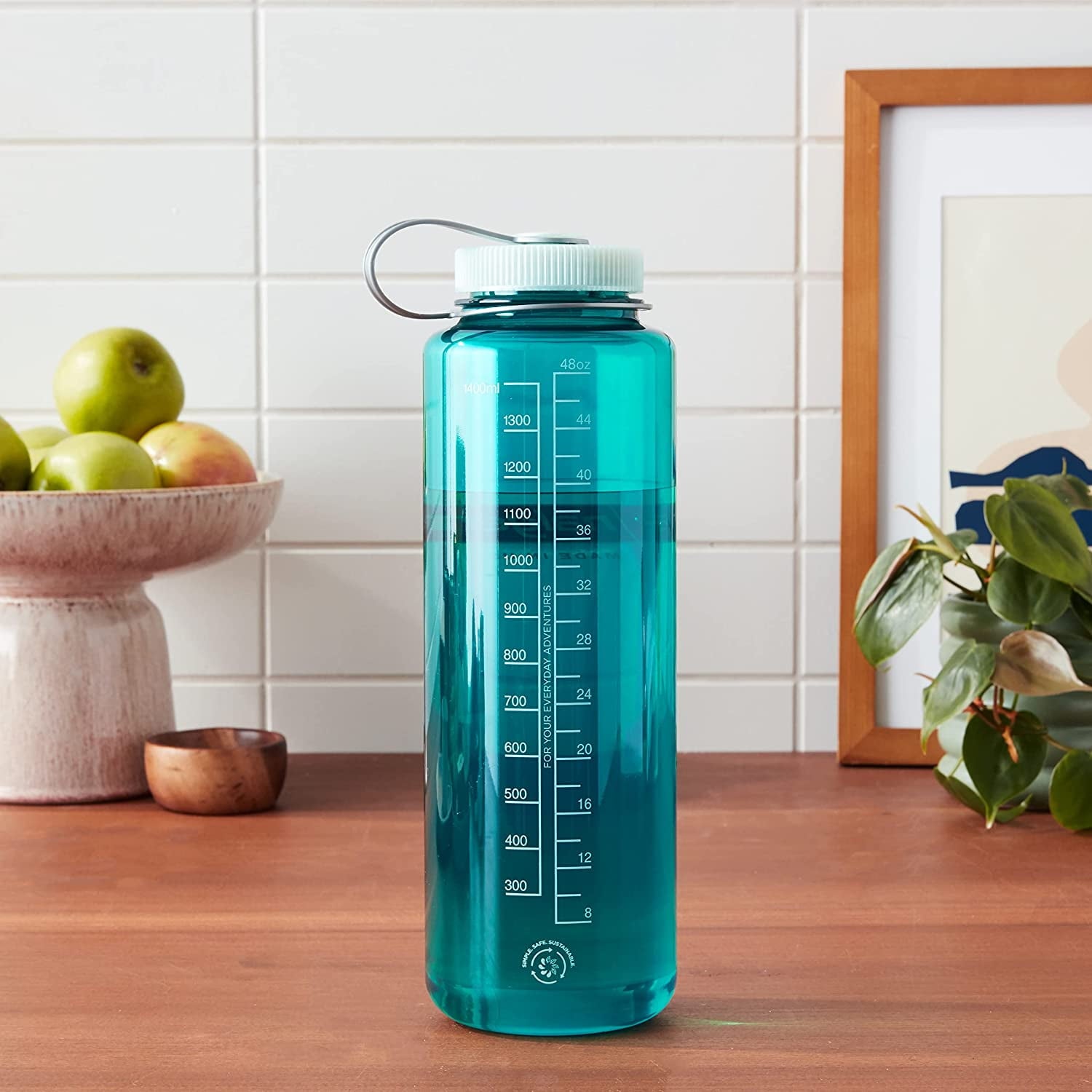Nalgene Sustain Tritan BPA-Free Water Bottle Made with Material Derived from 50% Plastic Waste (using ISCC certified mass balance), 48 OZ, Wide Mouth, Blue L35R