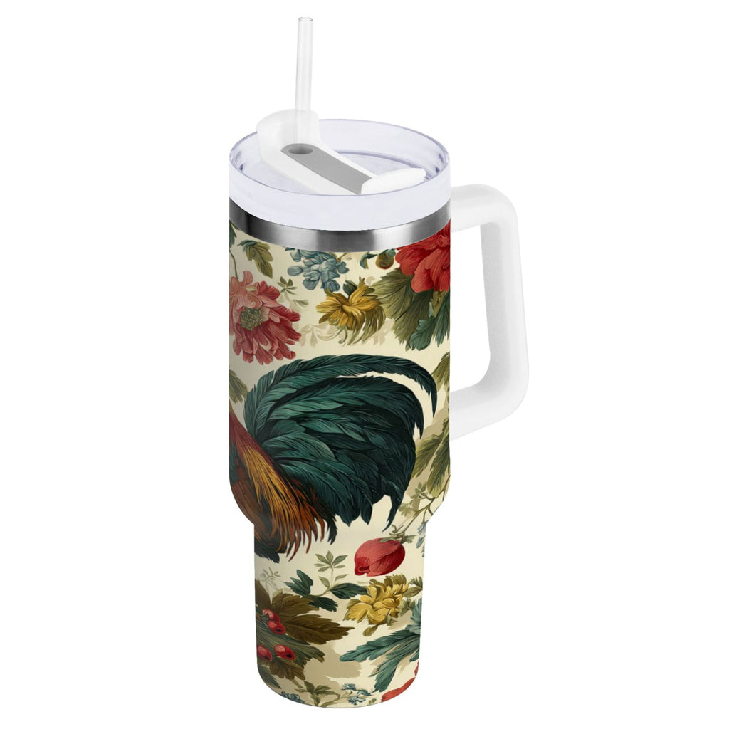 40 oz Insulated Stainless Steel Tumbler Double Wall Stainless Steel Tumbler with 2-Way Drinking Rooster and Vintage Floral NS05