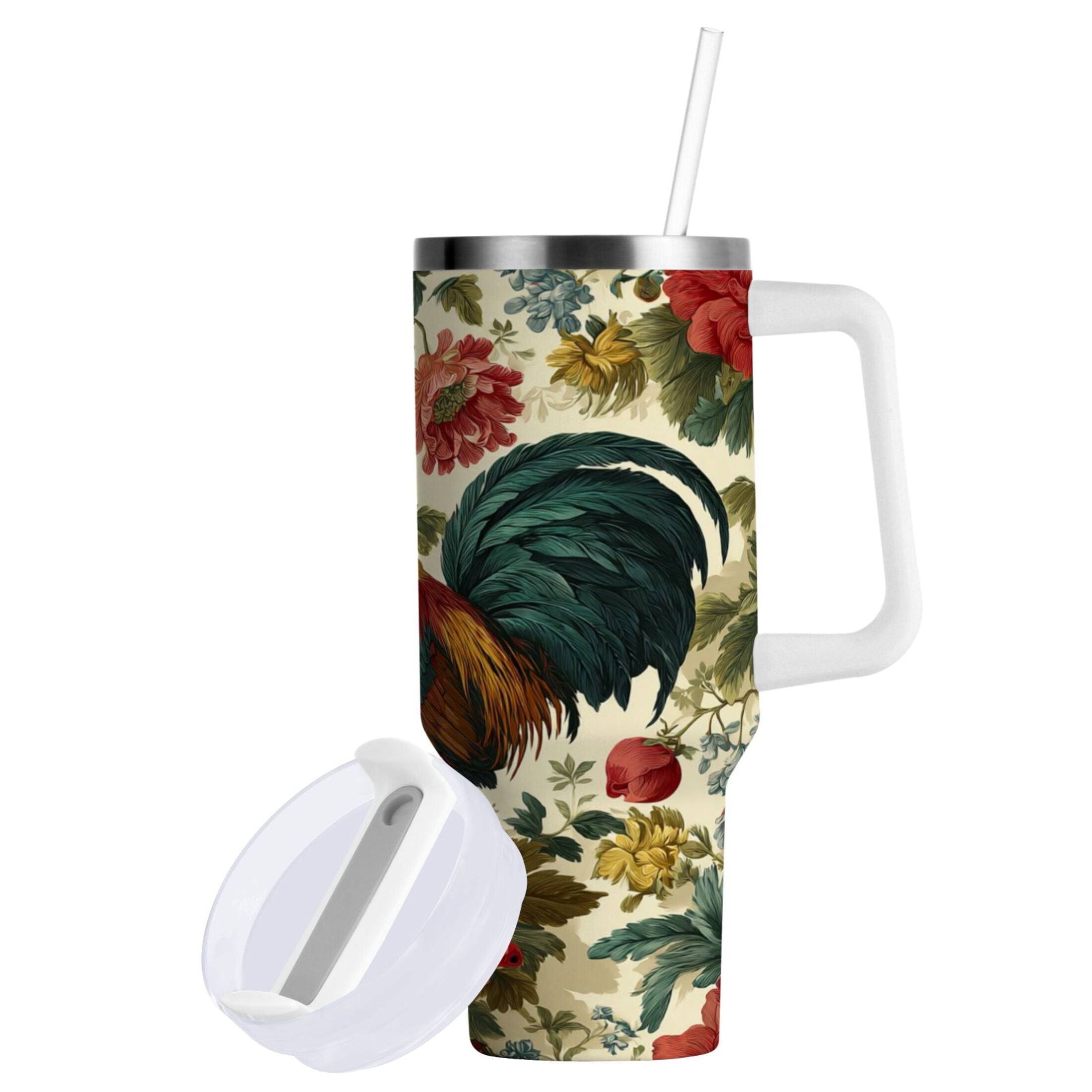 40 oz Insulated Stainless Steel Tumbler Double Wall Stainless Steel Tumbler with 2-Way Drinking Rooster and Vintage Floral NS05