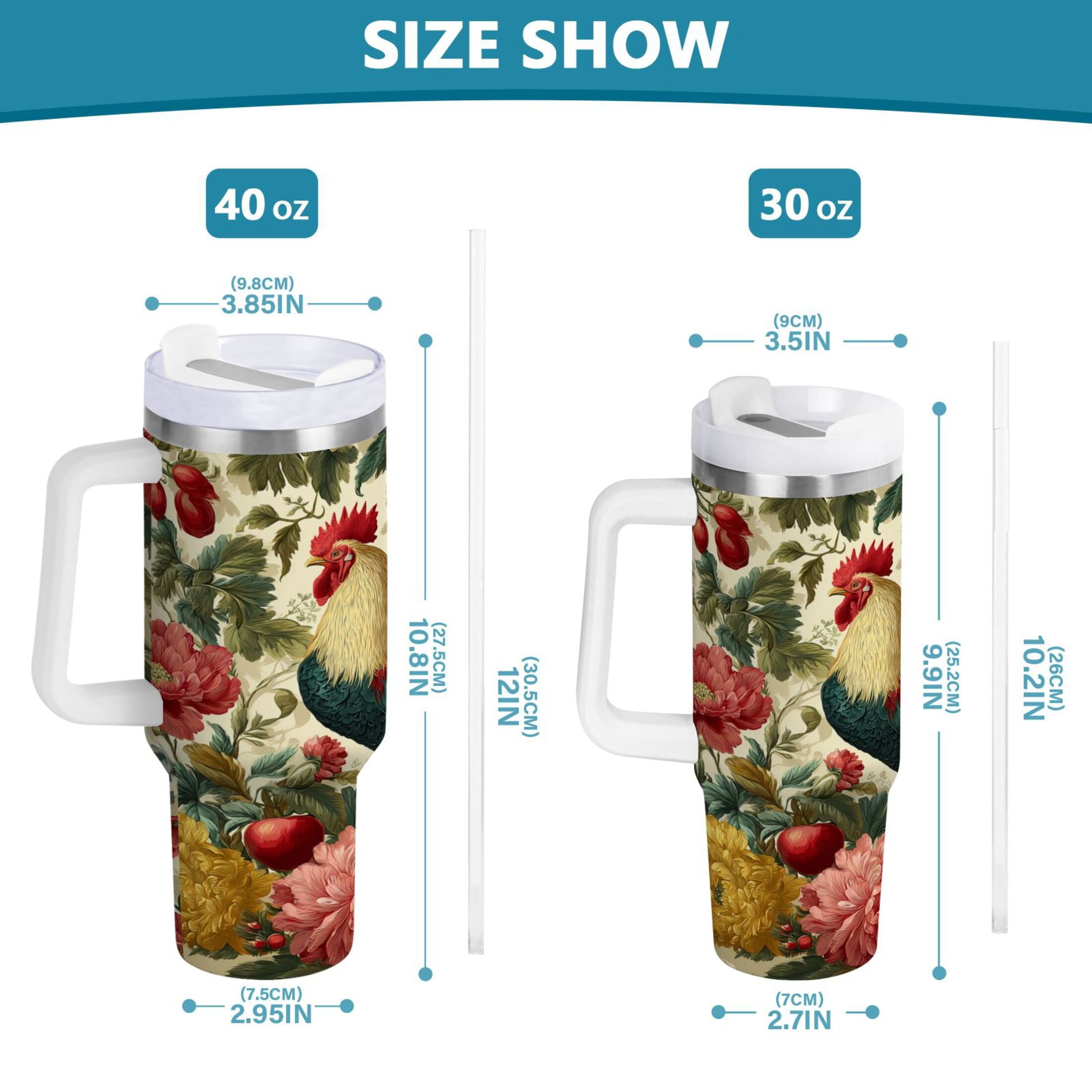 40 oz Insulated Stainless Steel Tumbler Double Wall Stainless Steel Tumbler with 2-Way Drinking Rooster and Vintage Floral NS05