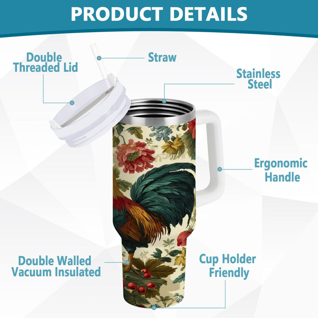 40 oz Insulated Stainless Steel Tumbler Double Wall Stainless Steel Tumbler with 2-Way Drinking Rooster and Vintage Floral NS05