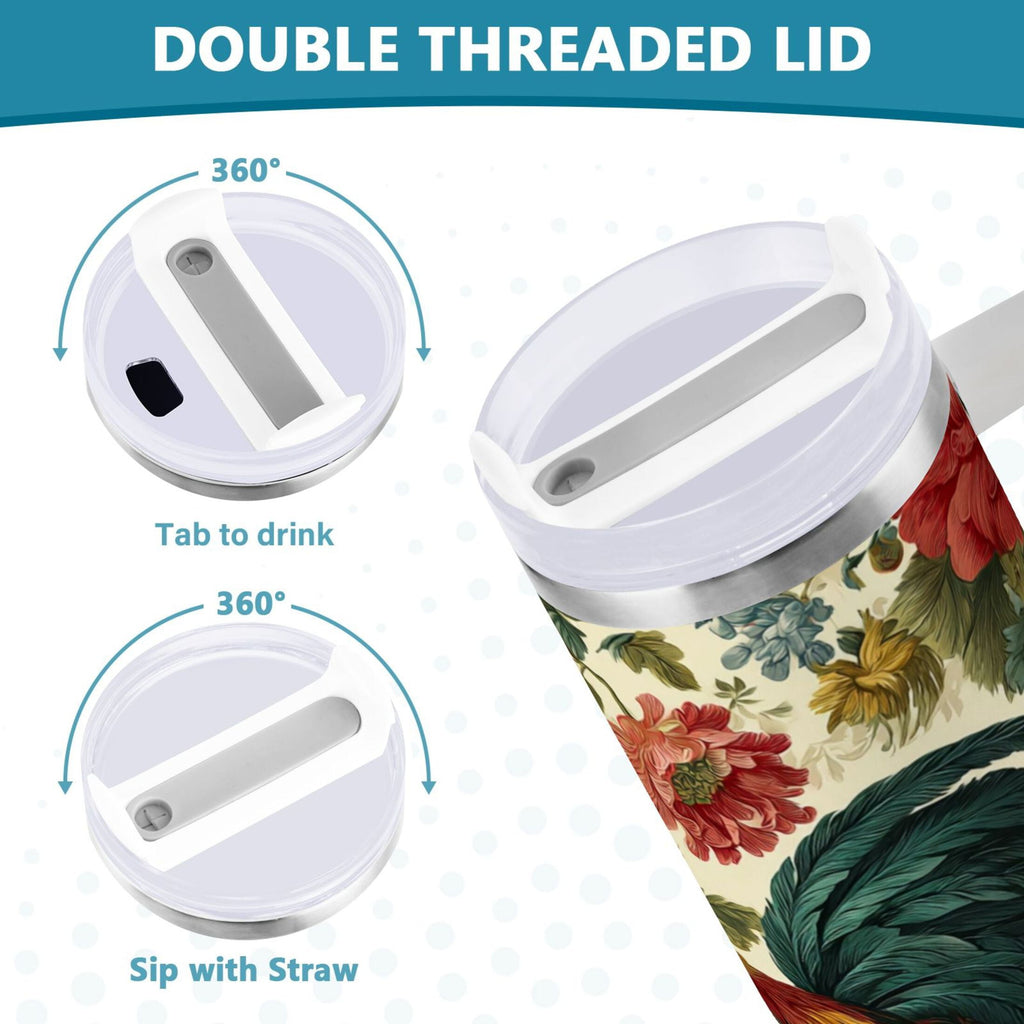 40 oz Insulated Stainless Steel Tumbler Double Wall Stainless Steel Tumbler with 2-Way Drinking Rooster and Vintage Floral NS05