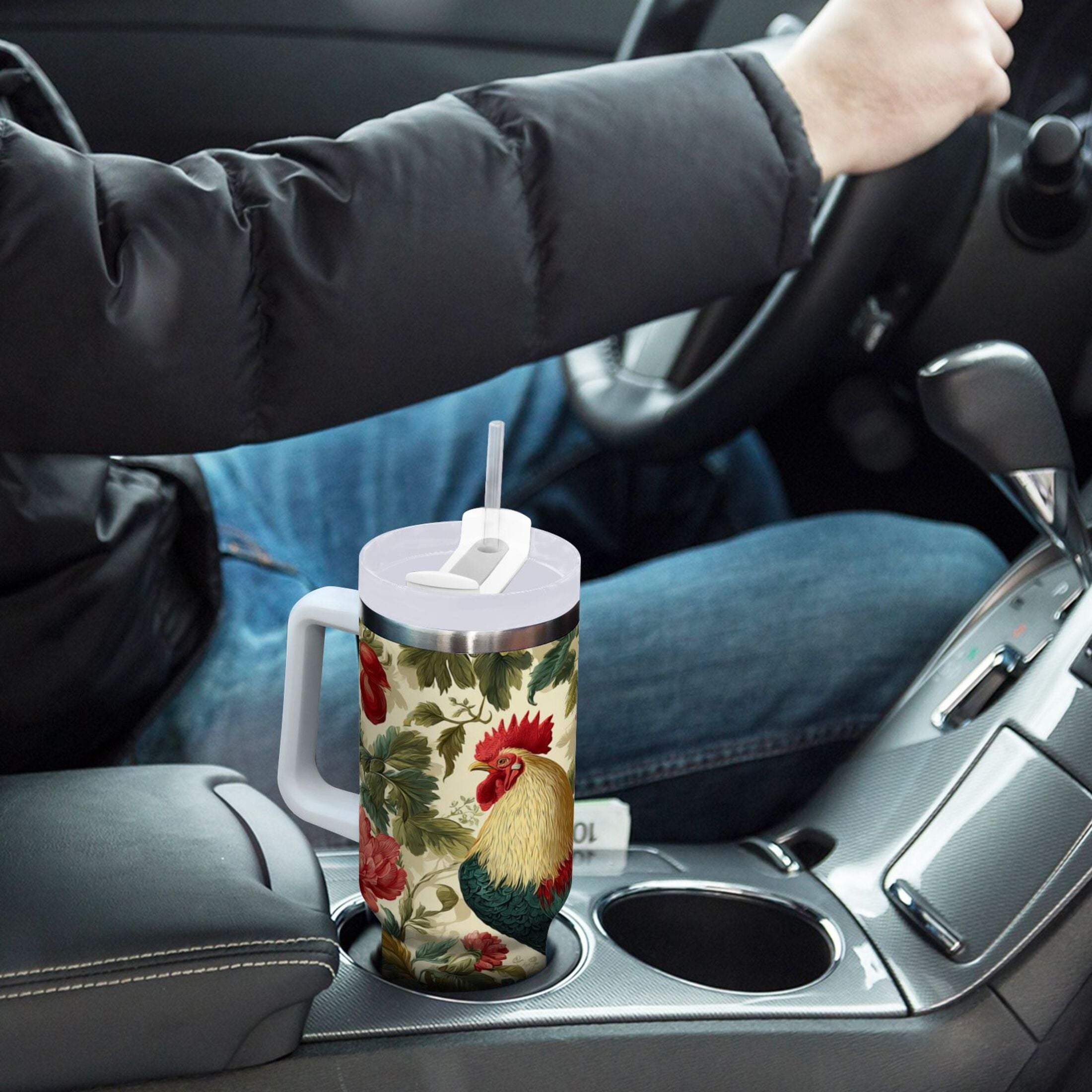 40 oz Insulated Stainless Steel Tumbler Double Wall Stainless Steel Tumbler with 2-Way Drinking Rooster and Vintage Floral NS05