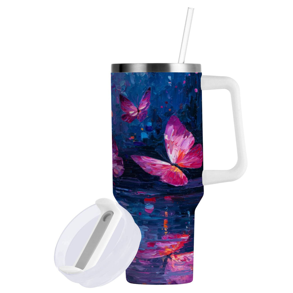 40 oz Insulated Stainless Steel Tumbler Double Wall Stainless Steel Tumbler with 2-Way Drinking Night Scene and Butterflies NF0W