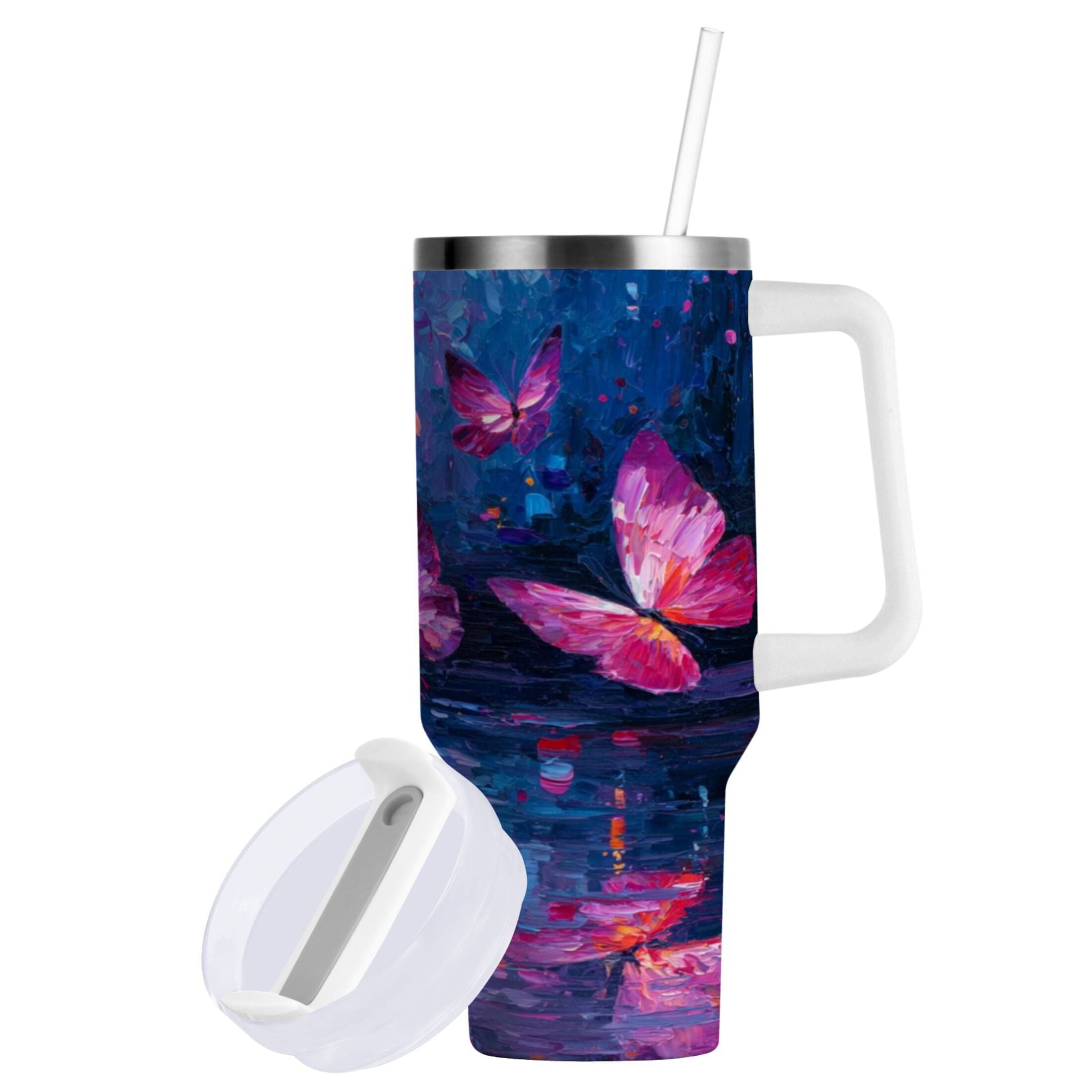 40 oz Insulated Stainless Steel Tumbler Double Wall Stainless Steel Tumbler with 2-Way Drinking Night Scene and Butterflies NF0W