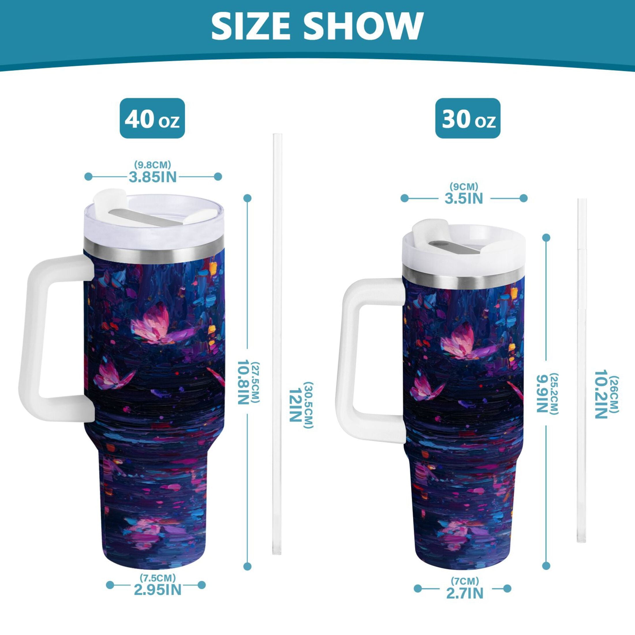 40 oz Insulated Stainless Steel Tumbler Double Wall Stainless Steel Tumbler with 2-Way Drinking Night Scene and Butterflies NF0W