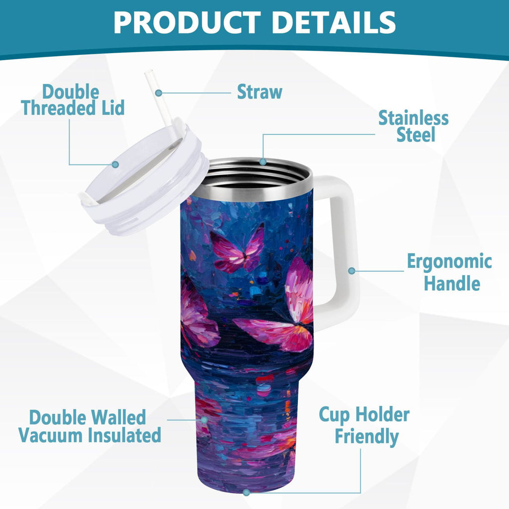 40 oz Insulated Stainless Steel Tumbler Double Wall Stainless Steel Tumbler with 2-Way Drinking Night Scene and Butterflies NF0W