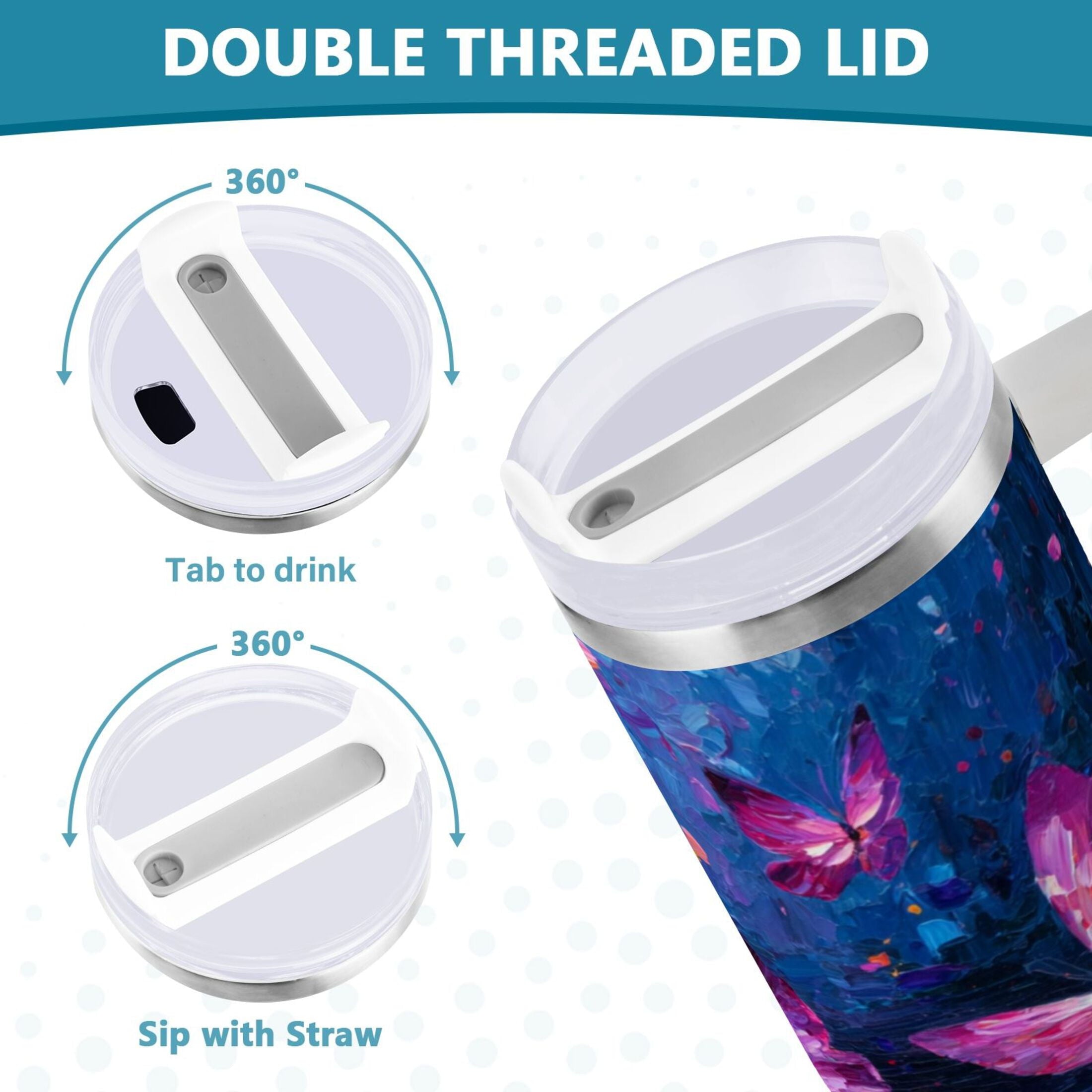 40 oz Insulated Stainless Steel Tumbler Double Wall Stainless Steel Tumbler with 2-Way Drinking Night Scene and Butterflies NF0W