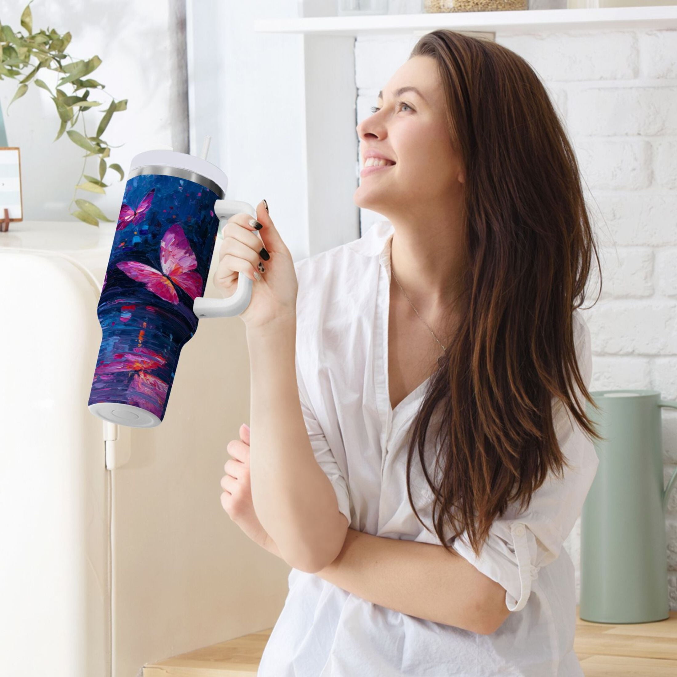 40 oz Insulated Stainless Steel Tumbler Double Wall Stainless Steel Tumbler with 2-Way Drinking Night Scene and Butterflies NF0W