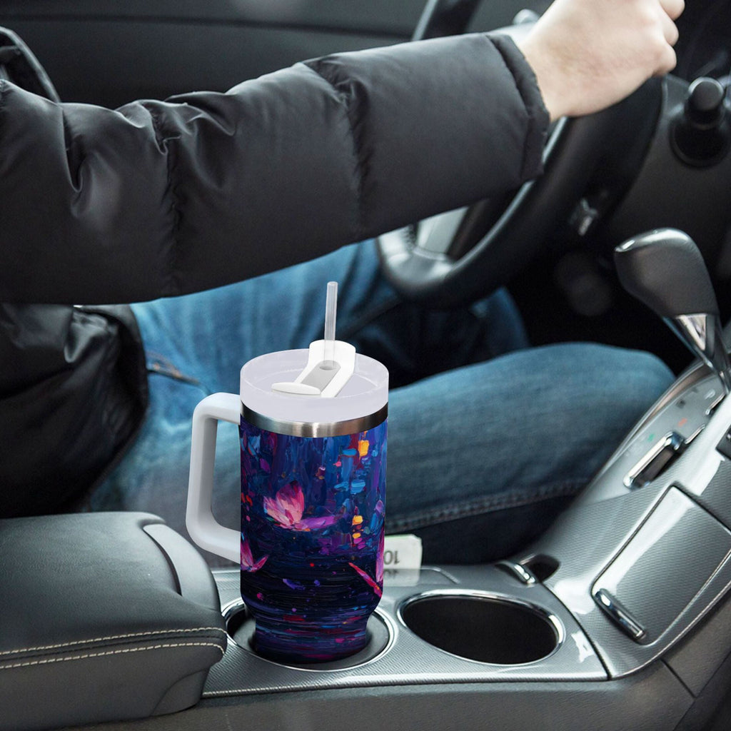 40 oz Insulated Stainless Steel Tumbler Double Wall Stainless Steel Tumbler with 2-Way Drinking Night Scene and Butterflies NF0W