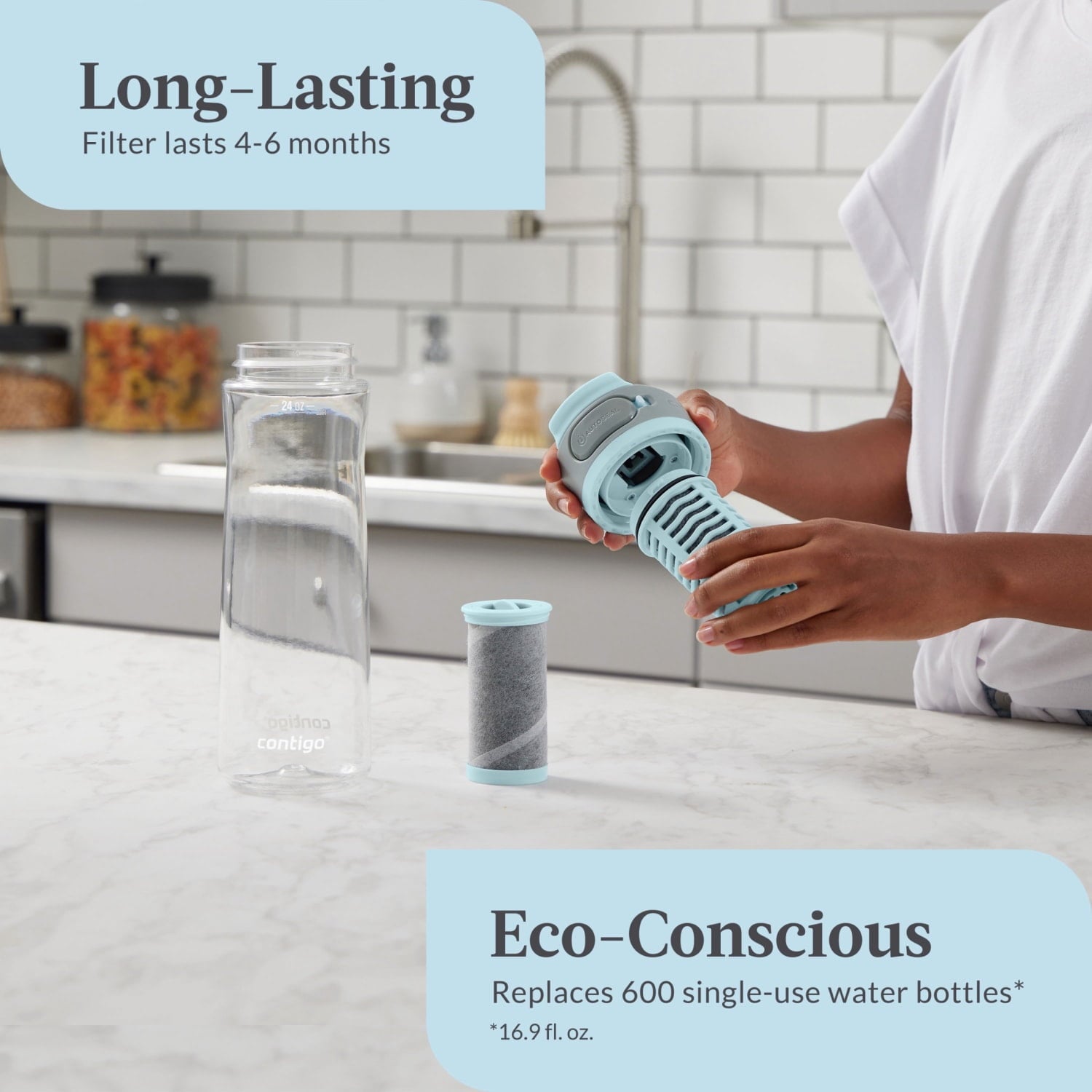 (2 pack) Contigo Clybourn Plastic FreeFlow Filter Water Bottle with AUTOSEAL Lid 24 oz., Salt, with Replacable Filter I3R3