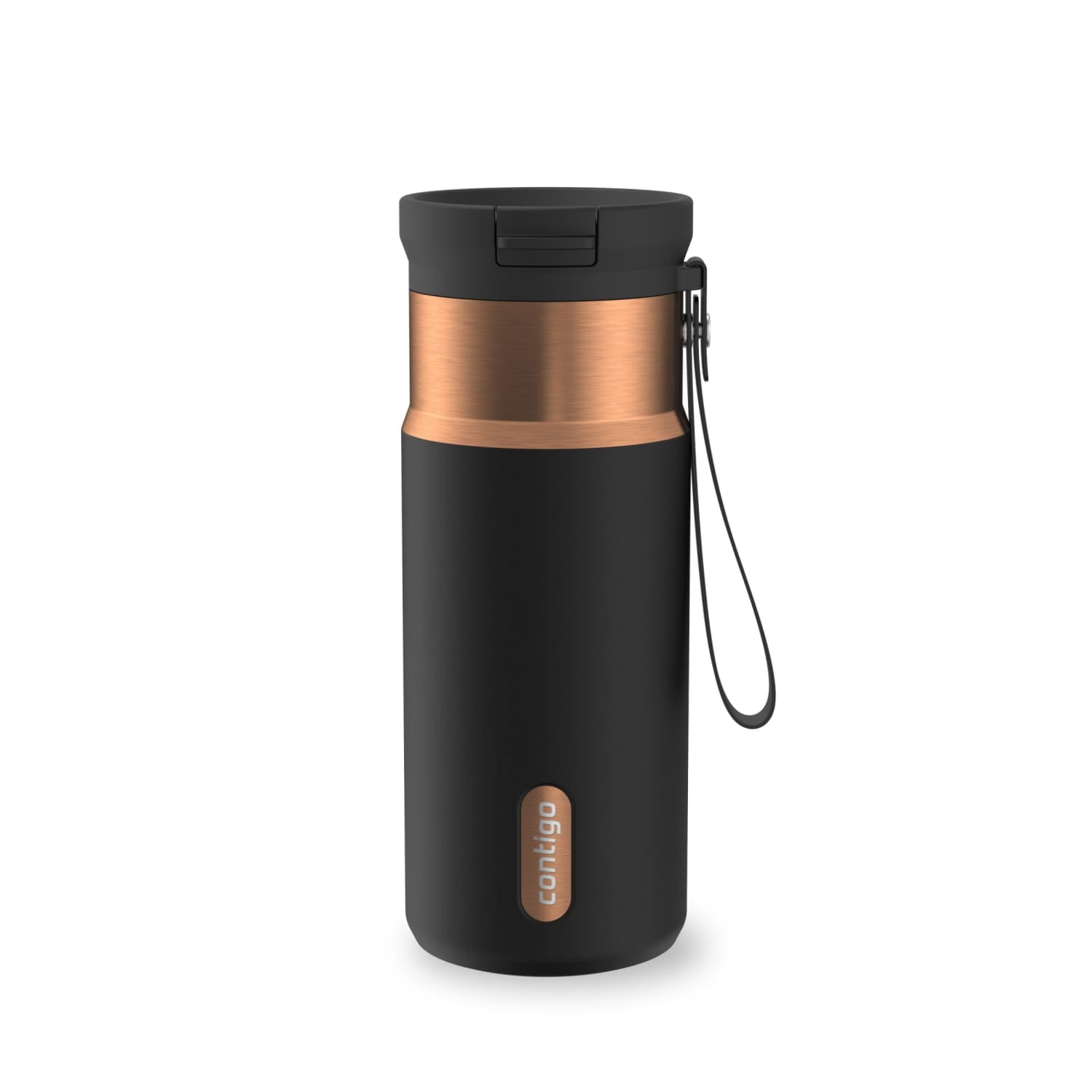Contigo SnapSeal Leakproof Stainless Steel Reusable Water Bottle with Carrying Strap, Black/Bronze, 16 oz 64AH