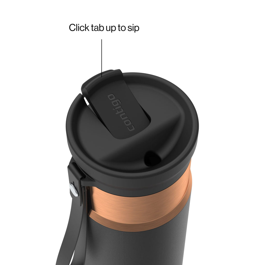 Contigo SnapSeal Leakproof Stainless Steel Reusable Water Bottle with Carrying Strap, Black/Bronze, 16 oz 64AH