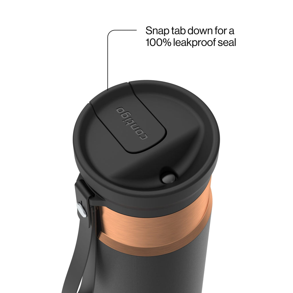 Contigo SnapSeal Leakproof Stainless Steel Reusable Water Bottle with Carrying Strap, Black/Bronze, 16 oz 64AH
