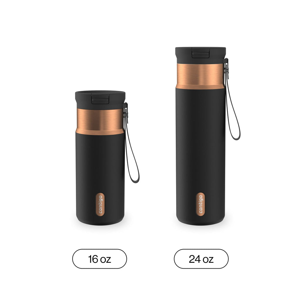 Contigo SnapSeal Leakproof Stainless Steel Reusable Water Bottle with Carrying Strap, Black/Bronze, 16 oz 64AH