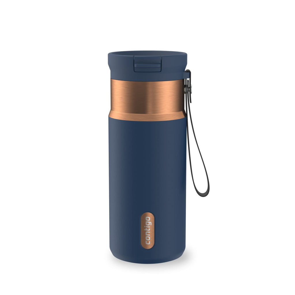 Contigo SnapSeal Leakproof Stainless Steel Reusable Water Bottle with Carrying Strap, Black/Bronze, 16 oz 64AH