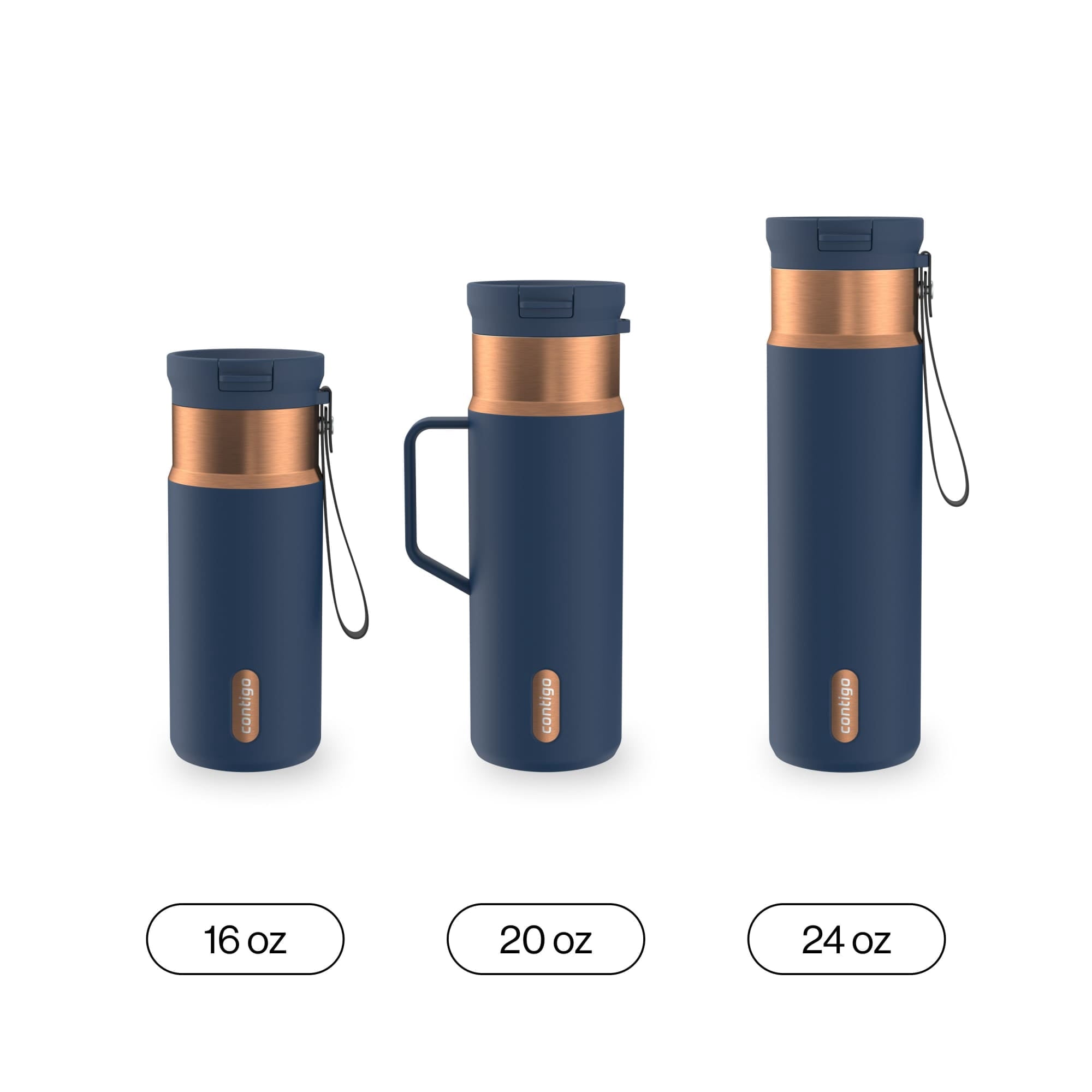 Contigo SnapSeal Leakproof Stainless Steel Reusable Water Bottle with Carrying Strap, Black/Bronze, 16 oz 64AH