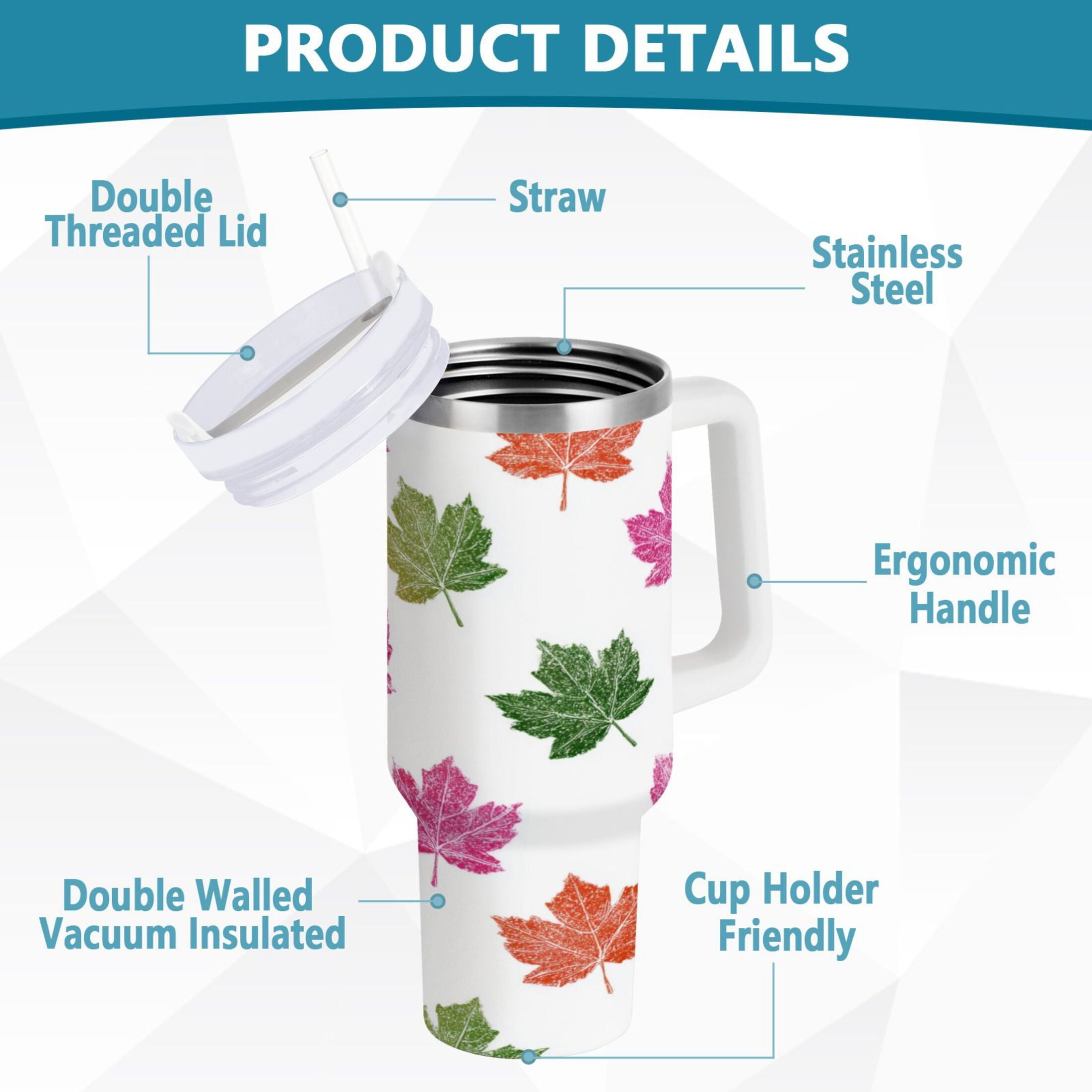 40 oz Insulated Stainless Steel Tumbler Double Wall Stainless Steel Tumbler with 2-Way Drinking Pink Maple Leaf J3RC