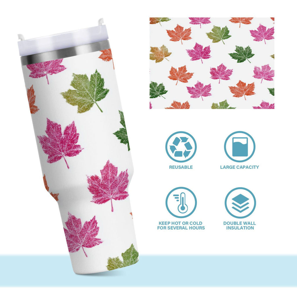 40 oz Insulated Stainless Steel Tumbler Double Wall Stainless Steel Tumbler with 2-Way Drinking Pink Maple Leaf J3RC