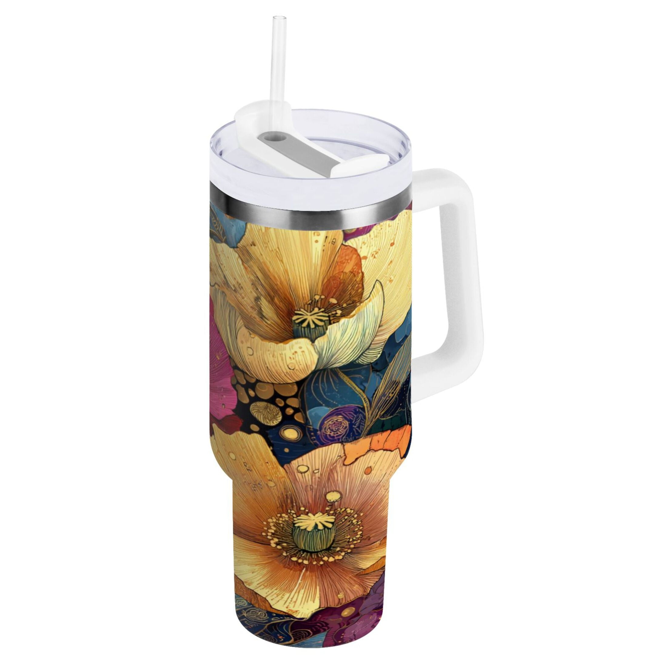 40 oz Insulated Stainless Steel Tumbler Double Wall Stainless Steel Tumbler with 2-Way Drinking Vibrant and Intricate Flowers INVV