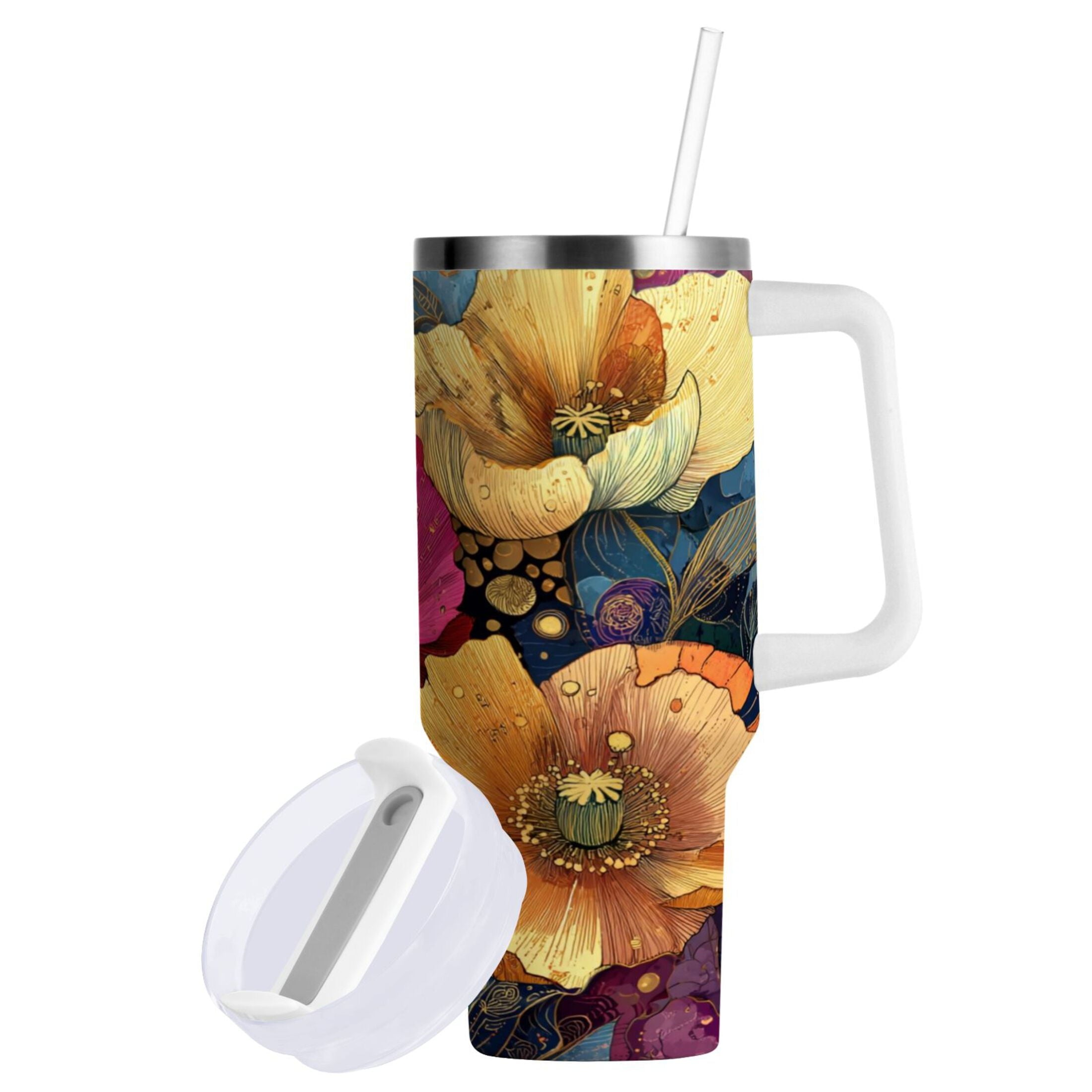 40 oz Insulated Stainless Steel Tumbler Double Wall Stainless Steel Tumbler with 2-Way Drinking Vibrant and Intricate Flowers INVV