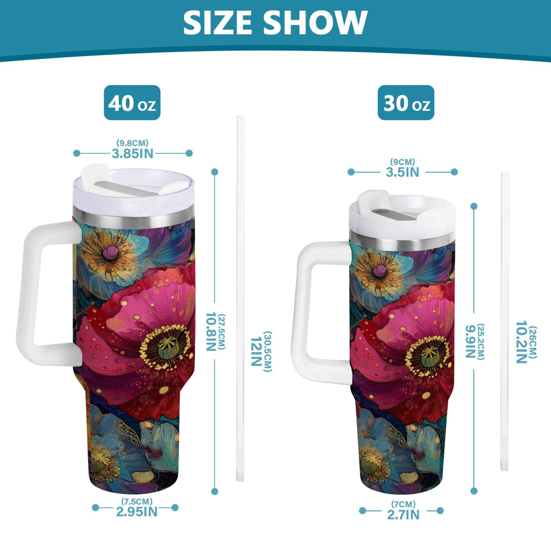40 oz Insulated Stainless Steel Tumbler Double Wall Stainless Steel Tumbler with 2-Way Drinking Vibrant and Intricate Flowers INVV
