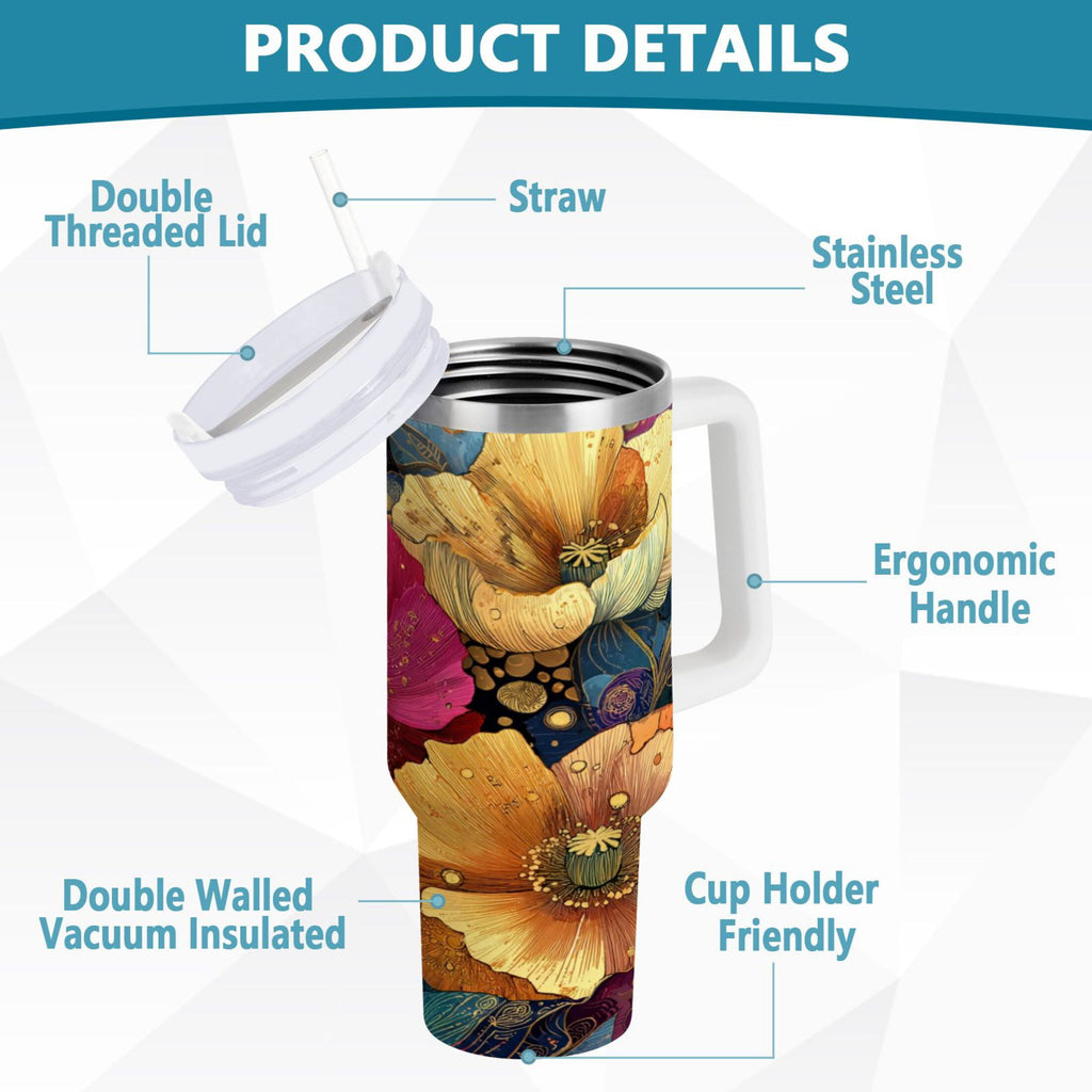 40 oz Insulated Stainless Steel Tumbler Double Wall Stainless Steel Tumbler with 2-Way Drinking Vibrant and Intricate Flowers INVV