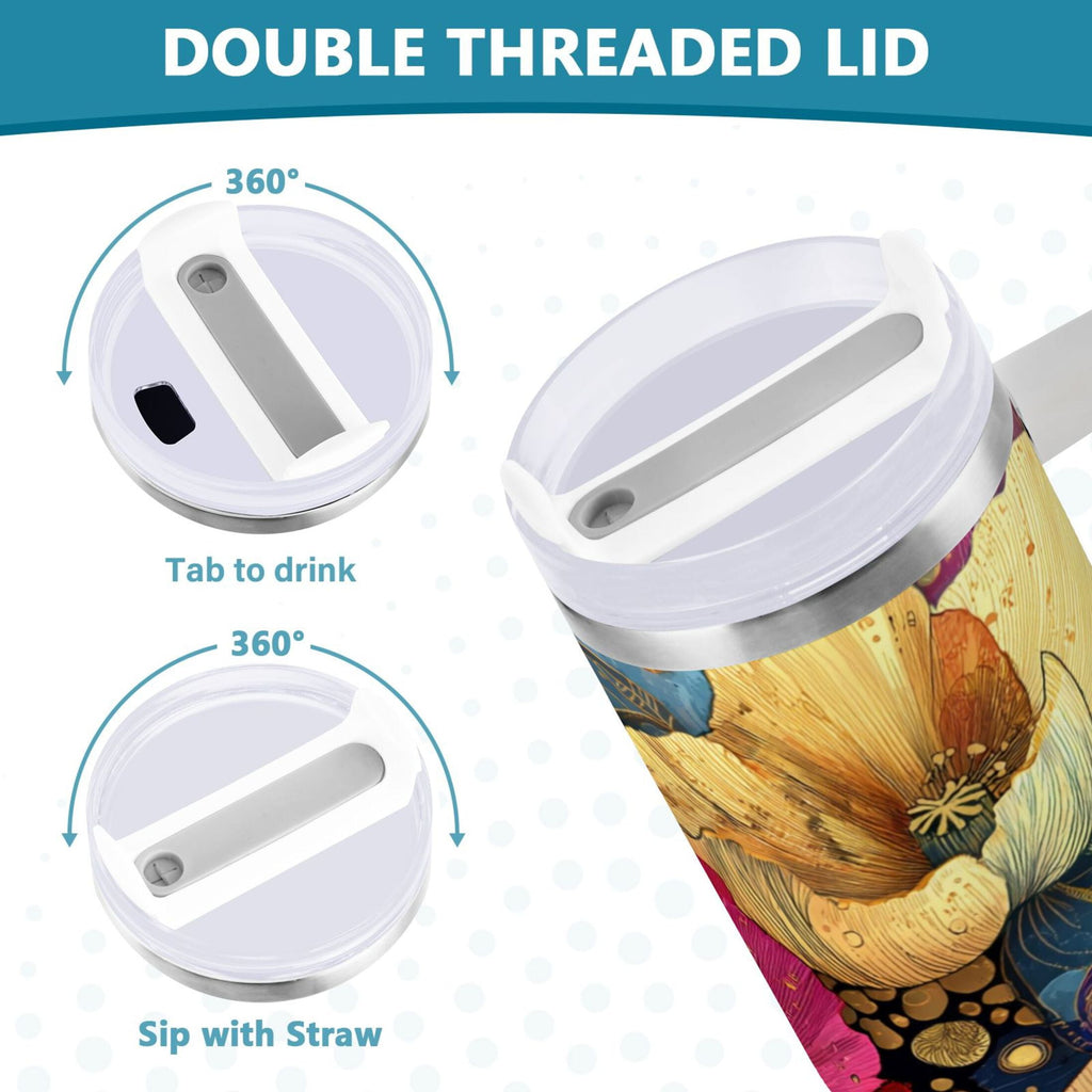 40 oz Insulated Stainless Steel Tumbler Double Wall Stainless Steel Tumbler with 2-Way Drinking Vibrant and Intricate Flowers INVV