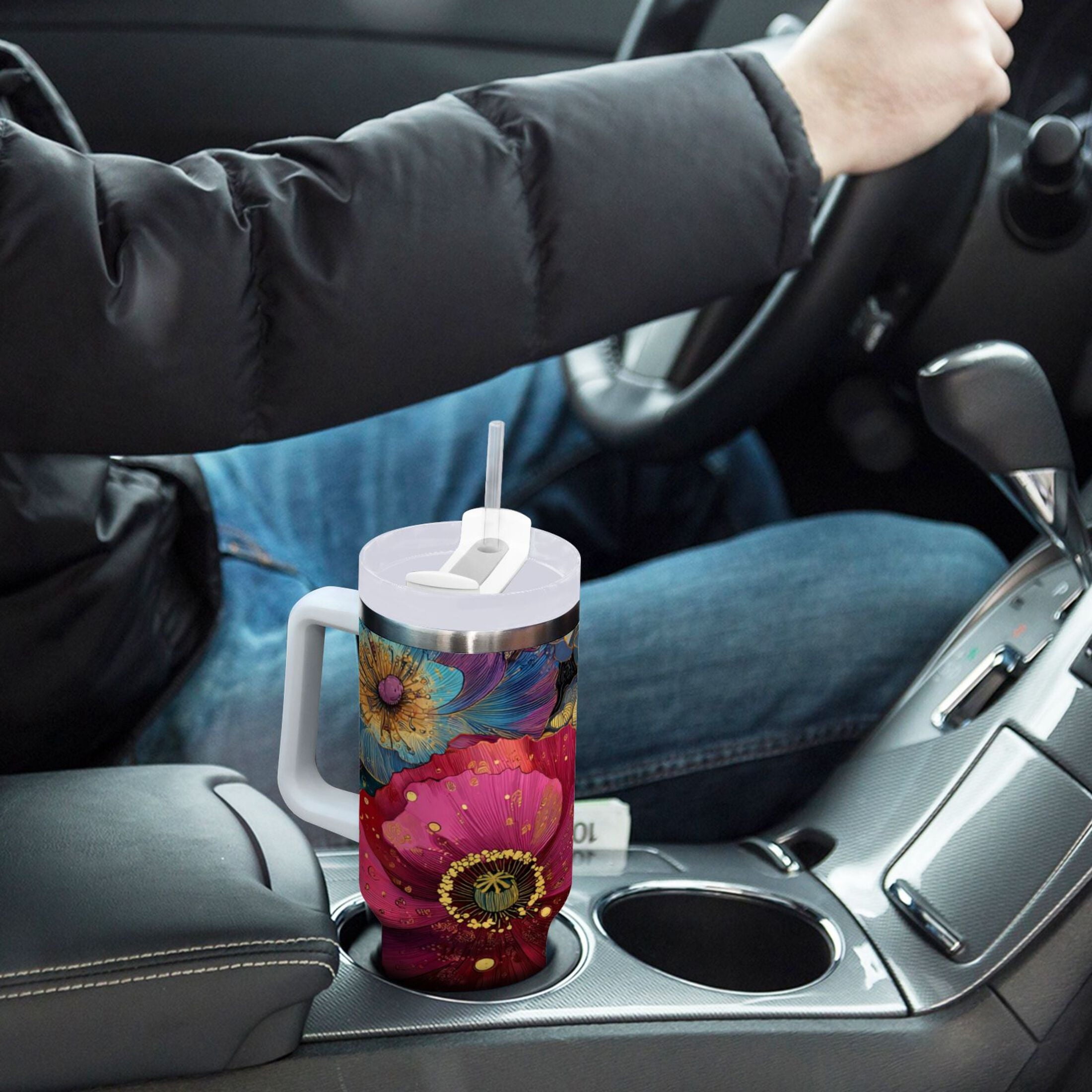 40 oz Insulated Stainless Steel Tumbler Double Wall Stainless Steel Tumbler with 2-Way Drinking Vibrant and Intricate Flowers INVV