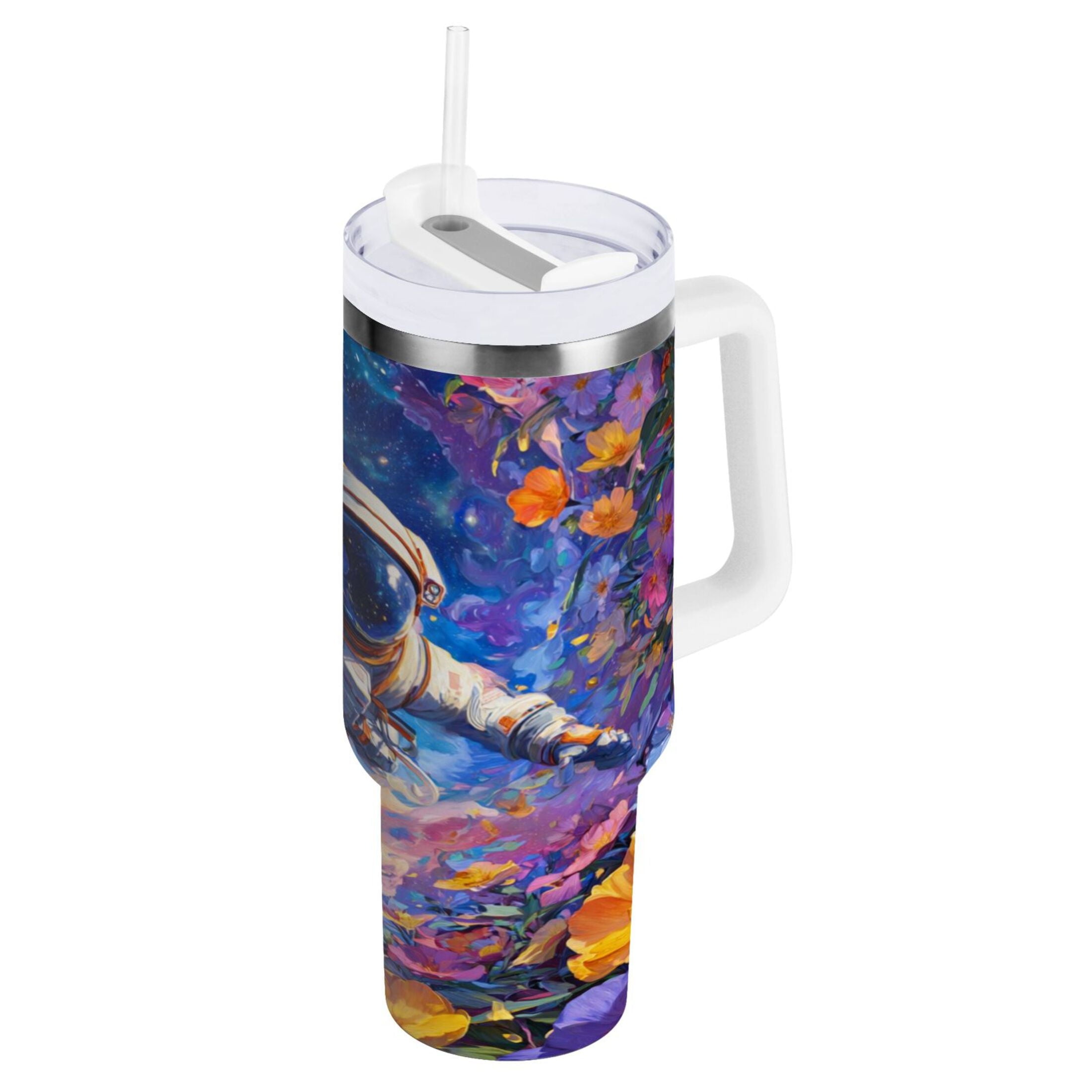 40 oz Insulated Stainless Steel Tumbler Double Wall Stainless Steel Tumbler with 2-Way Drinking Astronaut and Colorful Flowers 2CCT