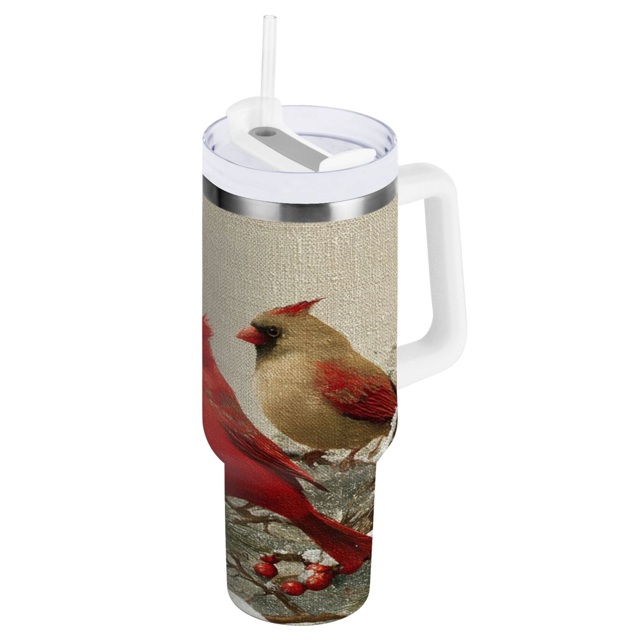 30 oz Insulated Stainless Steel Tumbler Double Wall Stainless Steel Tumbler with 2-Way Drinking Bird and Snow-covered Trees HRNS