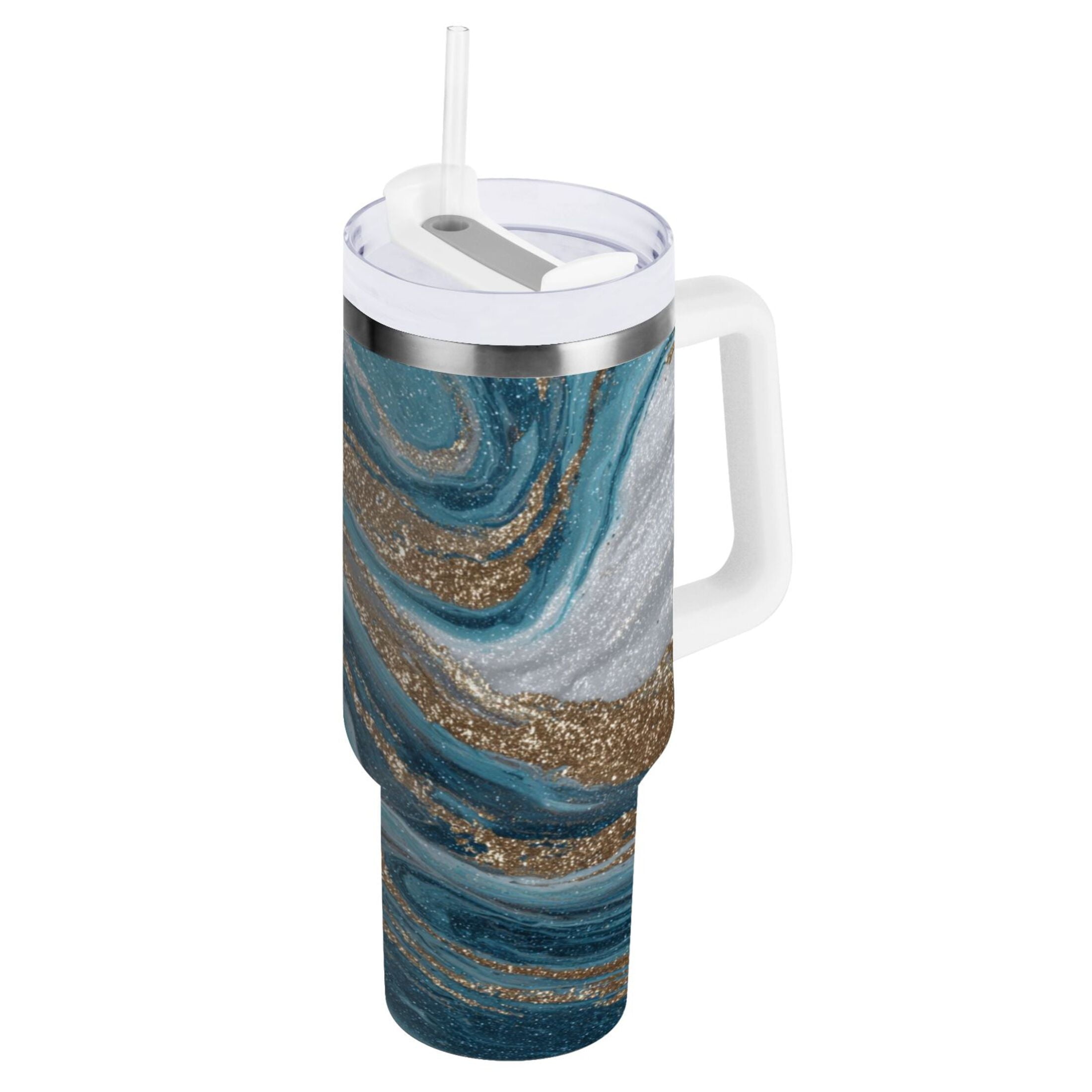 30 oz Insulated Stainless Steel Tumbler Double Wall Stainless Steel Tumbler with 2-Way Drinking Blue and Gold Swirling QE2X
