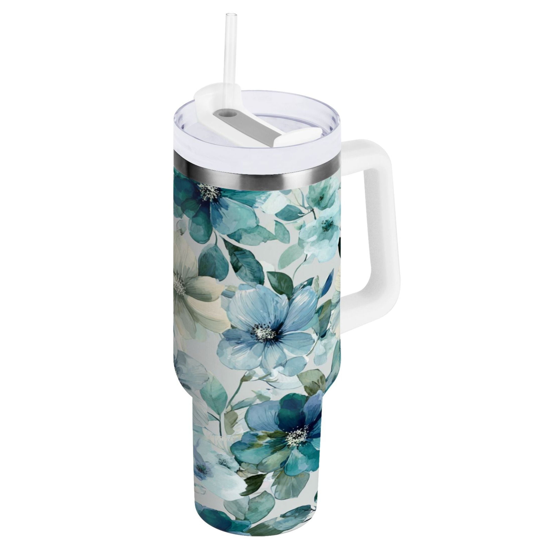 30 oz Insulated Stainless Steel Tumbler Double Wall Stainless Steel Tumbler with 2-Way Drinking Blue and Green Flowers P3O5