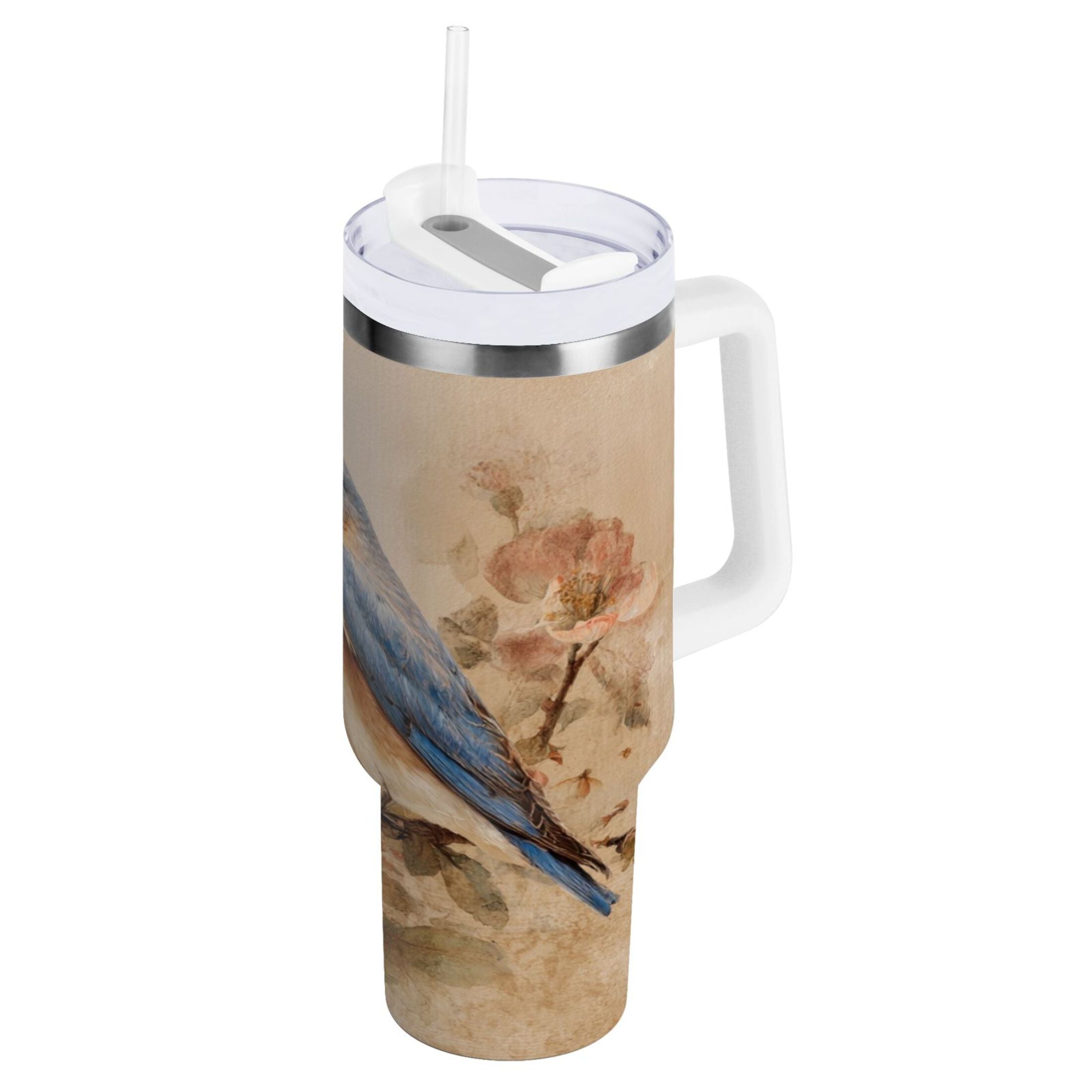 40 oz Insulated Stainless Steel Tumbler Double Wall Stainless Steel Tumbler with 2-Way Drinking Bluebird and Ancient Flowers ISGB