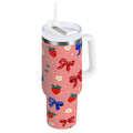 40 oz Insulated Stainless Steel Tumbler Double Wall Stainless Steel Tumbler with 2-Way Drinking Bows and Strawberries Pattern BD1V