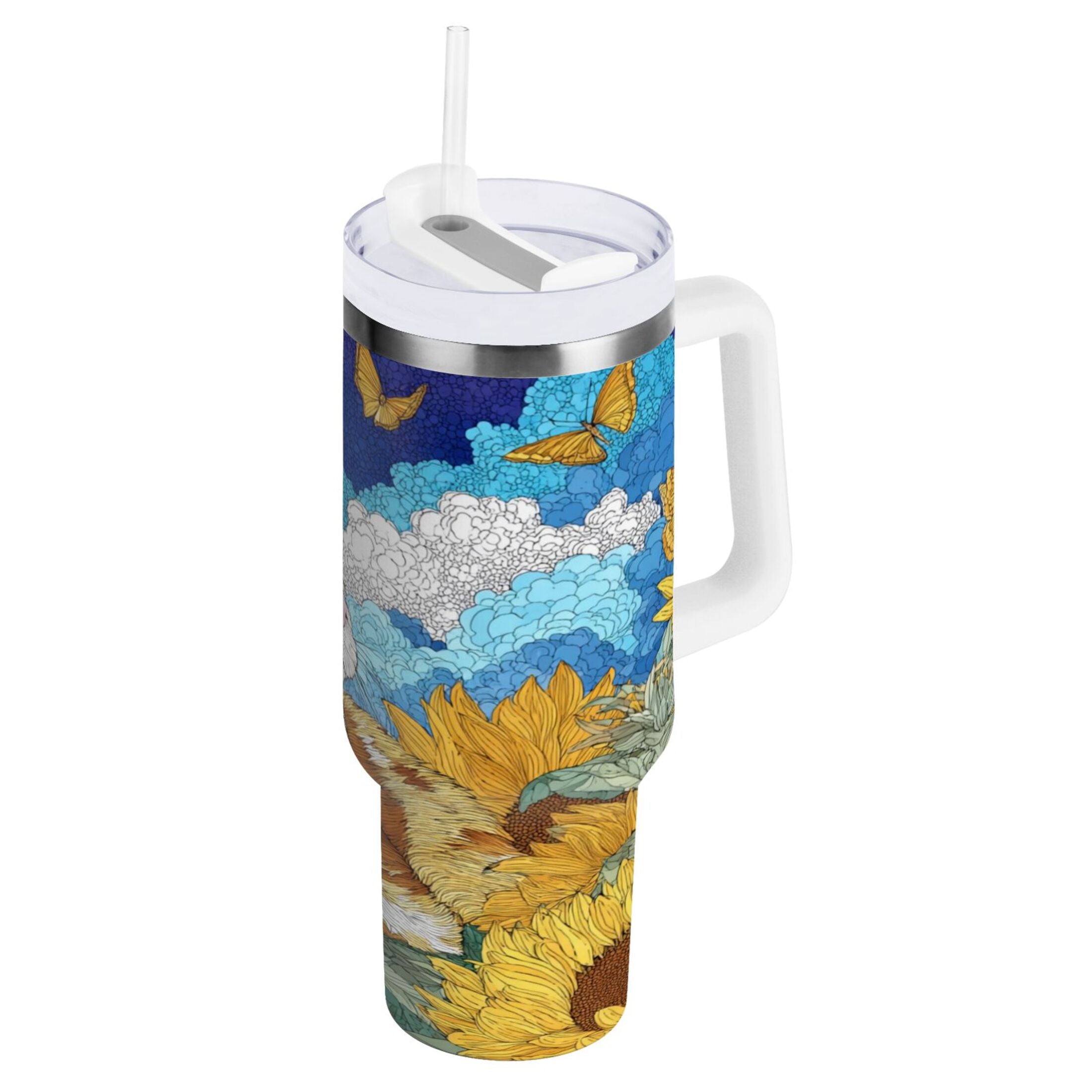 40 oz Insulated Stainless Steel Tumbler Double Wall Stainless Steel Tumbler with 2-Way Drinking Cat Lies in The Sunflowers J4EV