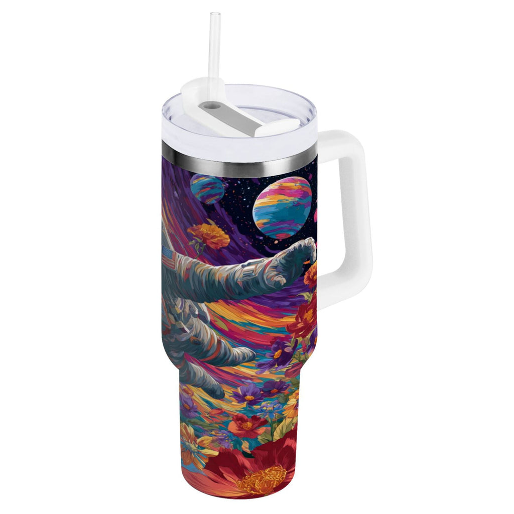 40 oz Insulated Stainless Steel Tumbler Double Wall Stainless Steel Tumbler with 2-Way Drinking Colorful Flowers and Planets 3M68