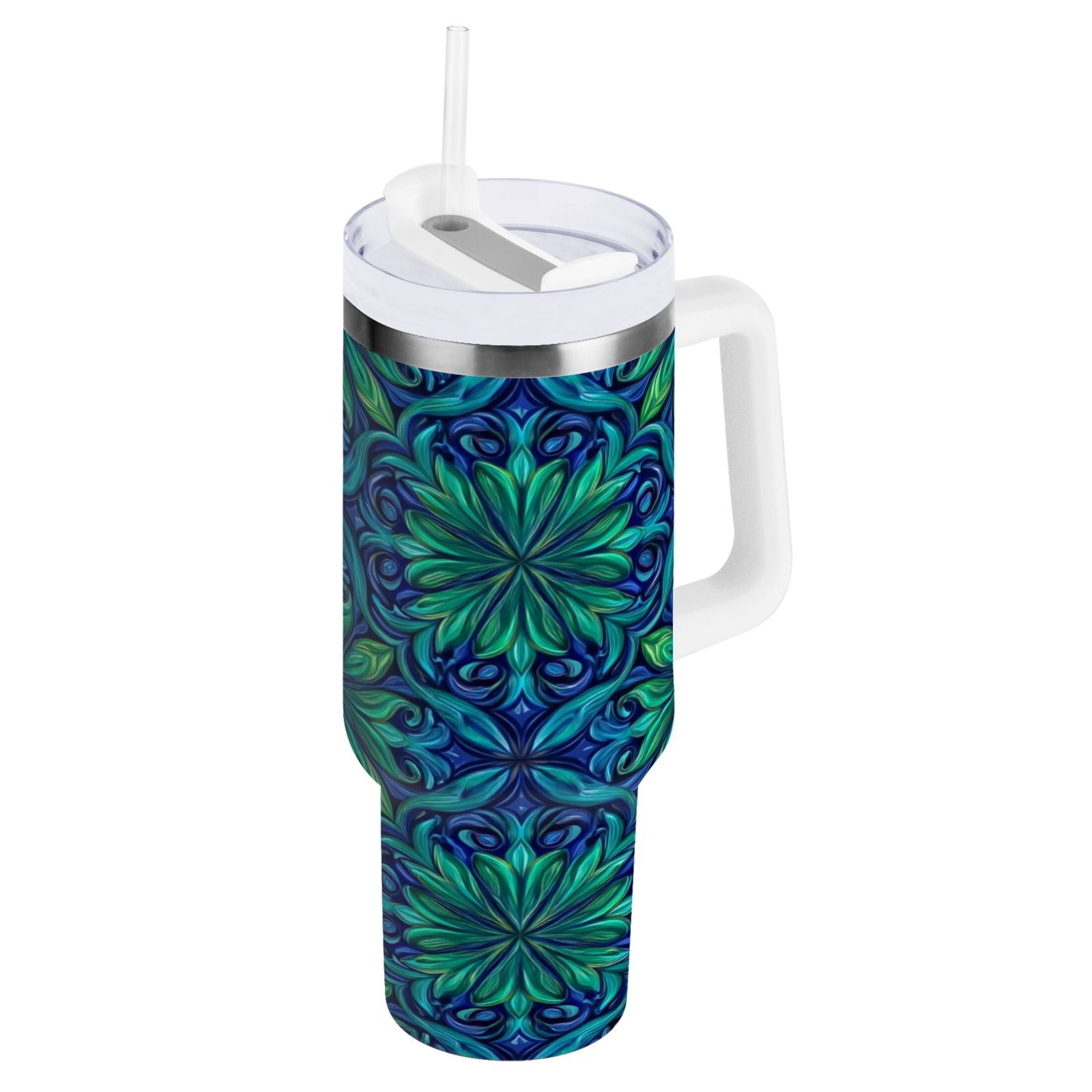 40 oz Insulated Stainless Steel Tumbler Double Wall Stainless Steel Tumbler with 2-Way Drinking Elegant Blue Traditional Patterns 99BN