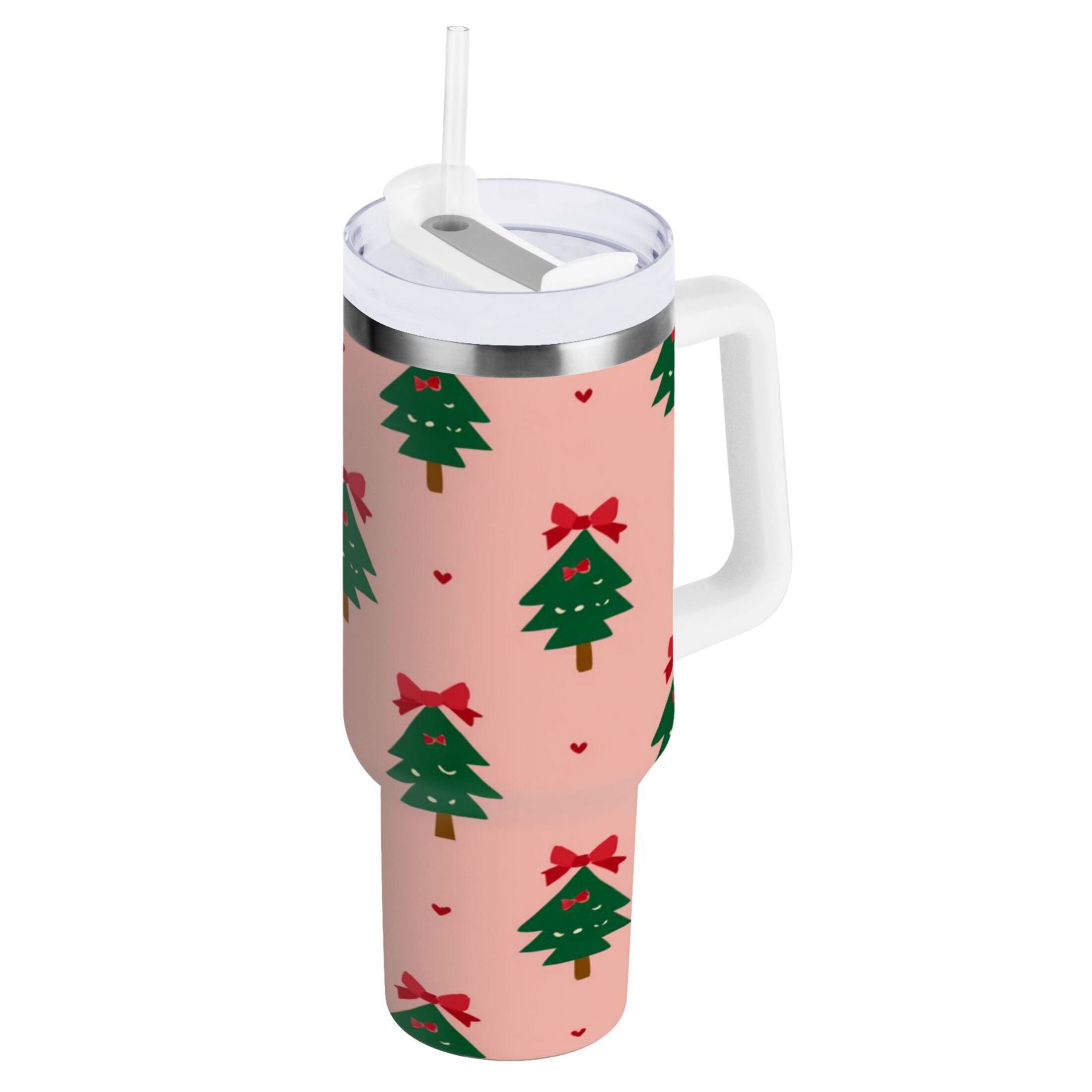 40 oz Insulated Stainless Steel Tumbler Double Wall Stainless Steel Tumbler with 2-Way Drinking Green Trees and Red Bows I1IN