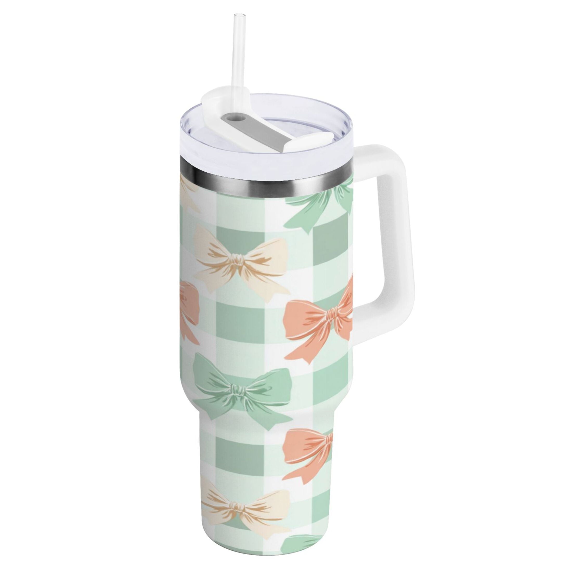 40 oz Insulated Stainless Steel Tumbler Double Wall Stainless Steel Tumbler with 2-Way Drinking Green and Peach Bow Pattern 85MI