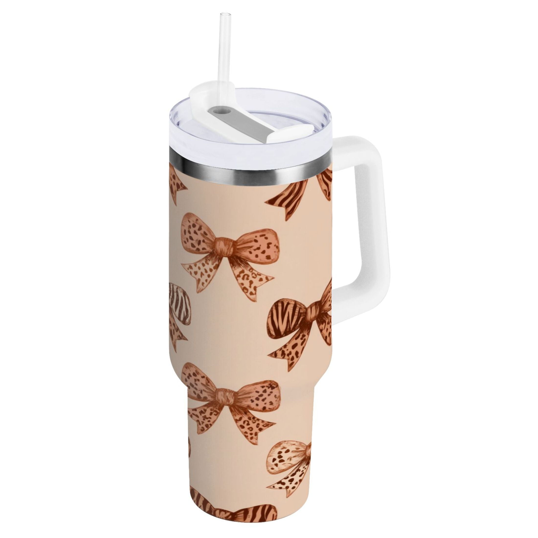 40 oz Insulated Stainless Steel Tumbler Double Wall Stainless Steel Tumbler with 2-Way Drinking Leopard Print Bow 59TL