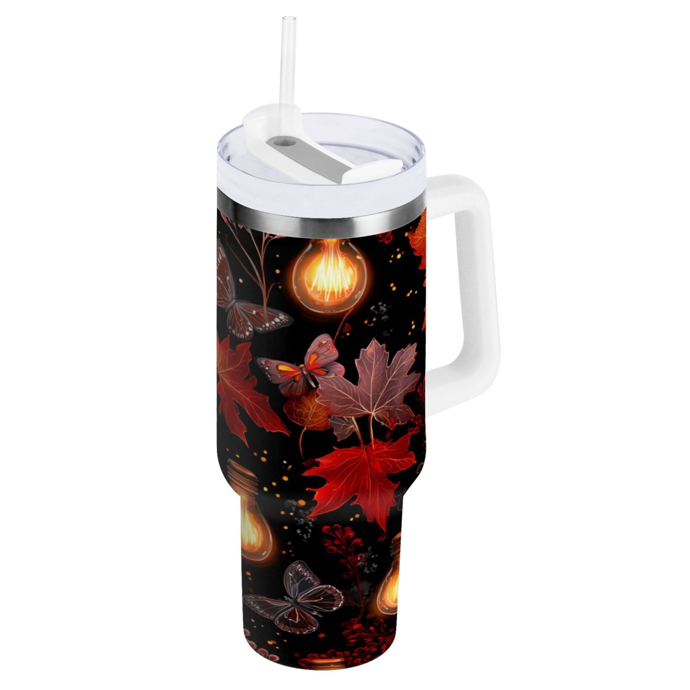 40 oz Insulated Stainless Steel Tumbler Double Wall Stainless Steel Tumbler with 2-Way Drinking Light Bulbs and Maple Leaves 13Q3