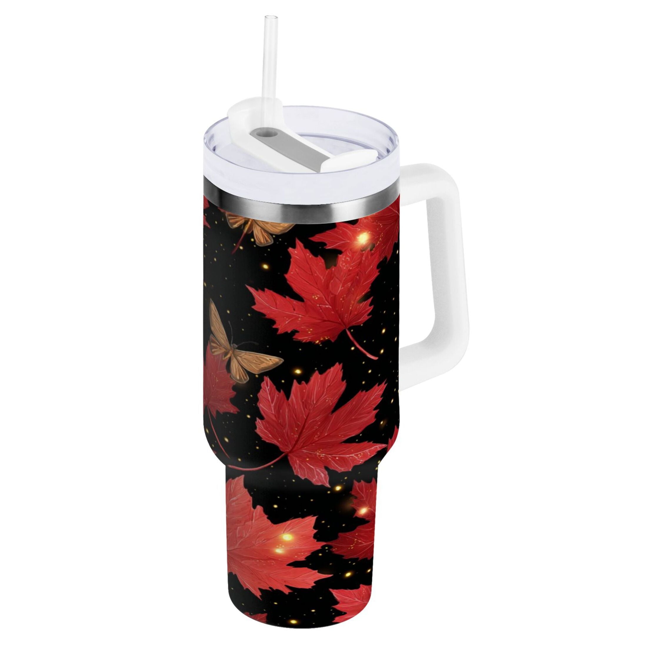 40 oz Insulated Stainless Steel Tumbler Double Wall Stainless Steel Tumbler with 2-Way Drinking Maple Leaves and Fireflies L4DA