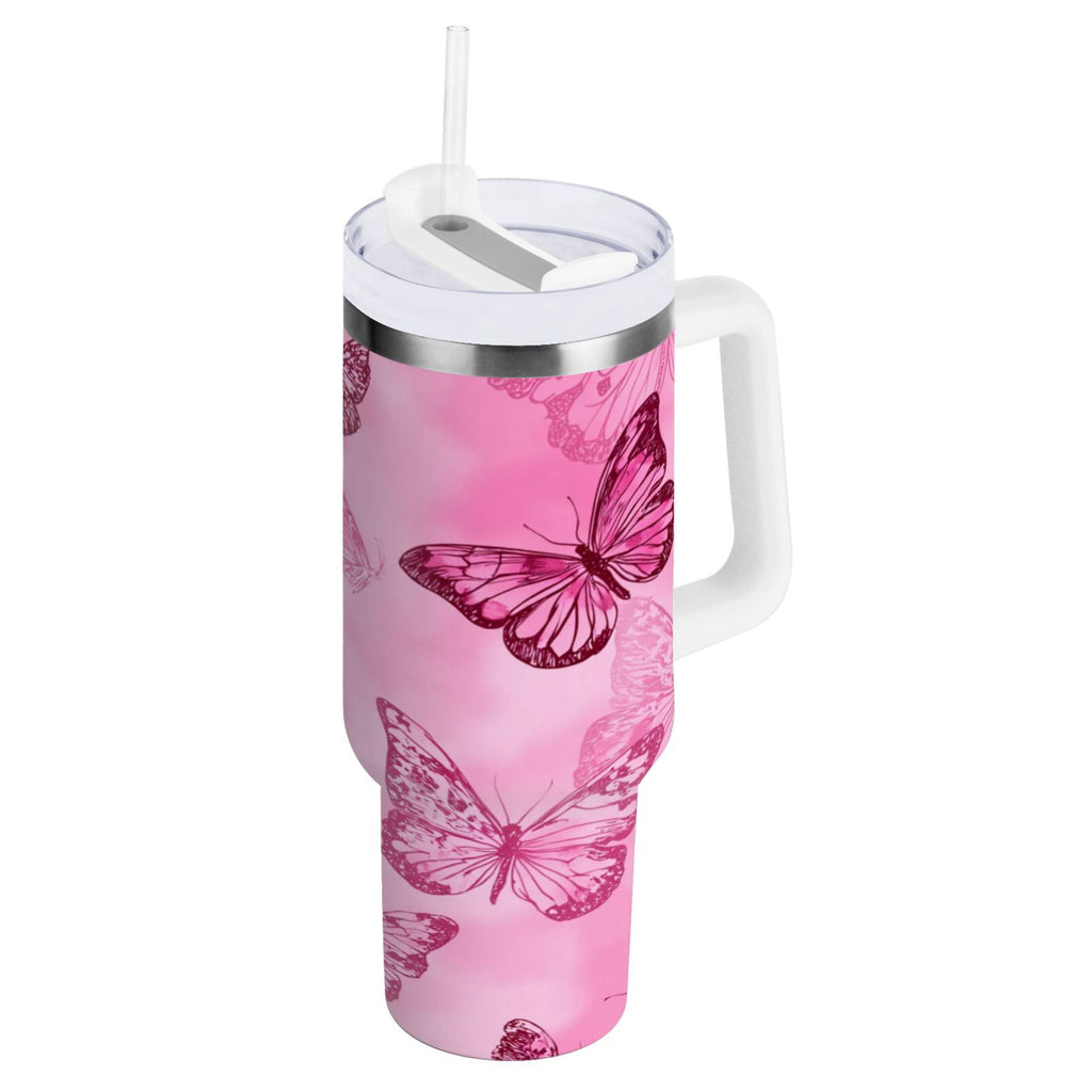 40 oz Insulated Stainless Steel Tumbler Double Wall Stainless Steel Tumbler with 2-Way Drinking Pink Butterfly Pattern GWES