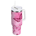 40 oz Insulated Stainless Steel Tumbler Double Wall Stainless Steel Tumbler with 2-Way Drinking Pink Butterfly Pattern GWES