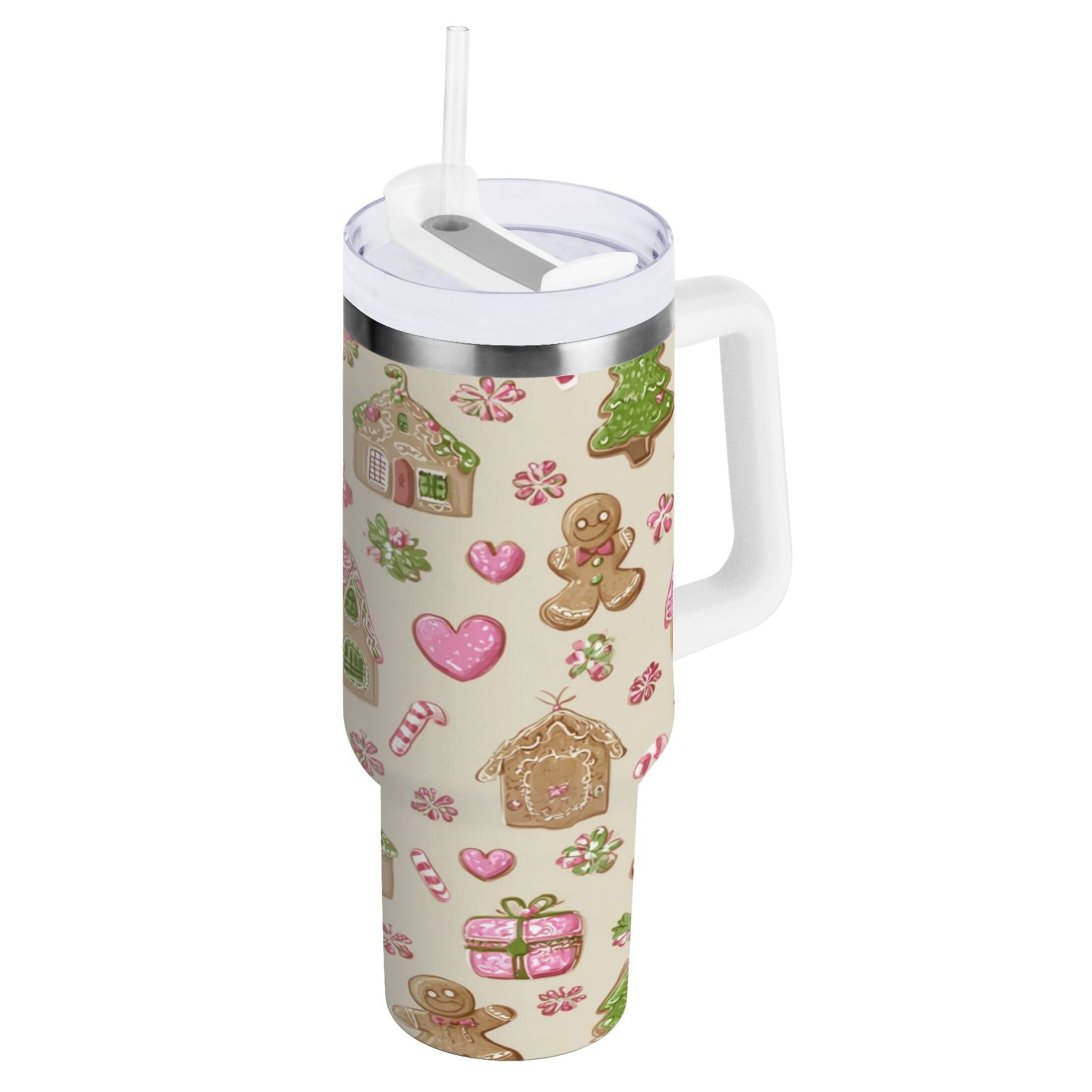 40 oz Insulated Stainless Steel Tumbler Double Wall Stainless Steel Tumbler with 2-Way Drinking Pink Cute Christmas Pattern OAJ2