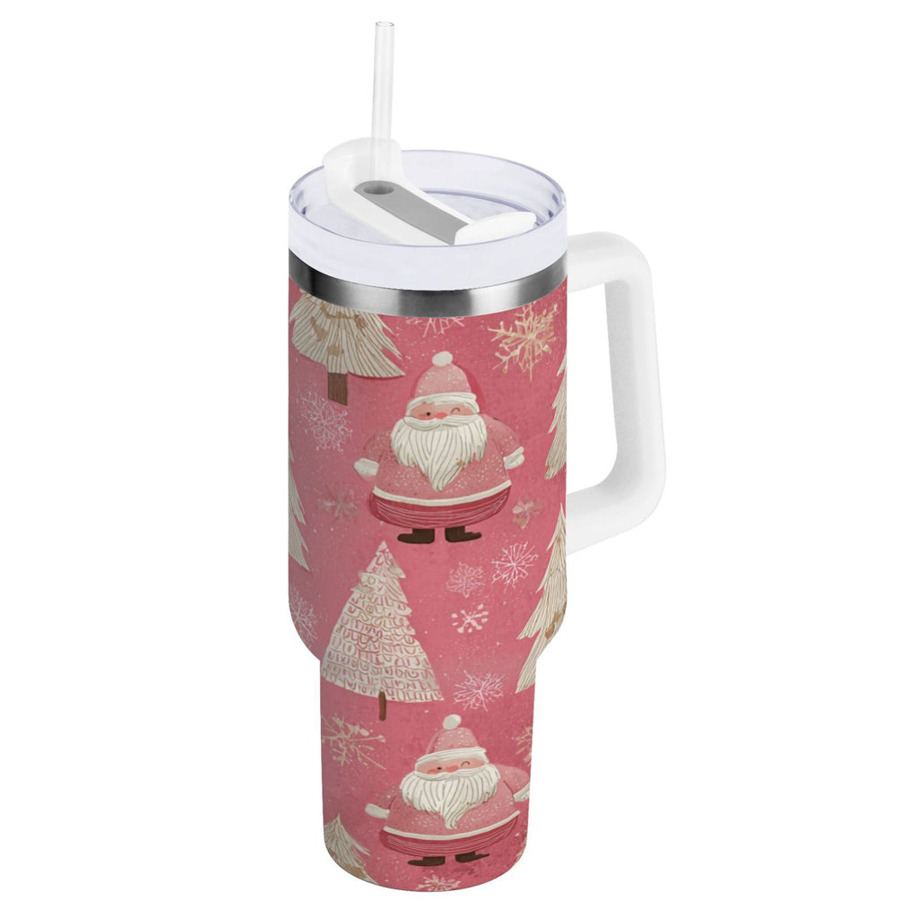 40 oz Insulated Stainless Steel Tumbler Double Wall Stainless Steel Tumbler with 2-Way Drinking Pink Santa Claus Pattern 5XYO
