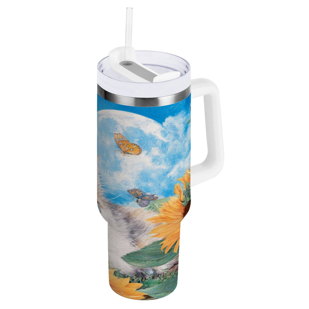 40 oz Insulated Stainless Steel Tumbler Double Wall Stainless Steel Tumbler with 2-Way Drinking Playful Cat Lying Sunflowers NCK5
