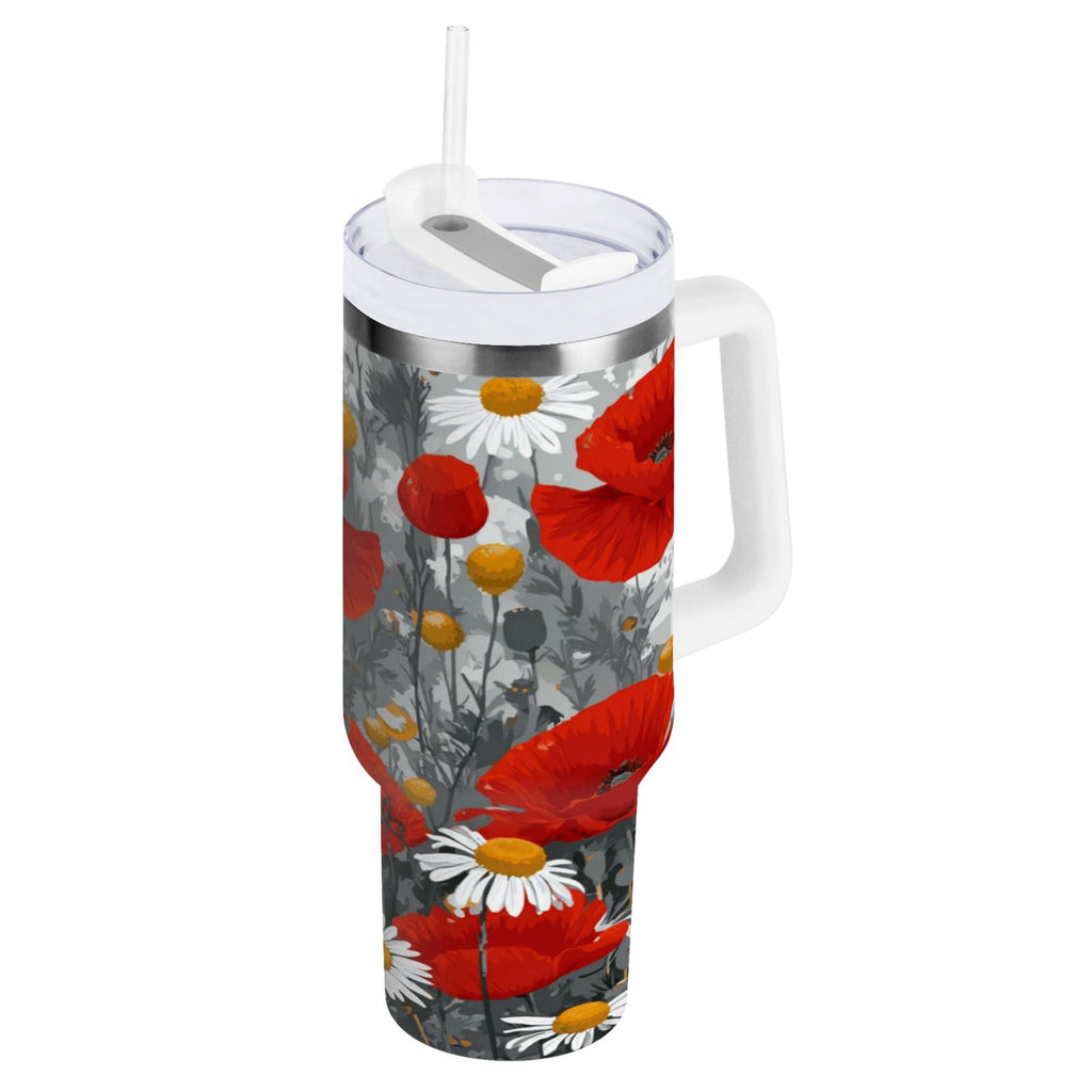 40 oz Insulated Stainless Steel Tumbler Double Wall Stainless Steel Tumbler with 2-Way Drinking Red Flowers and Daisies WD94