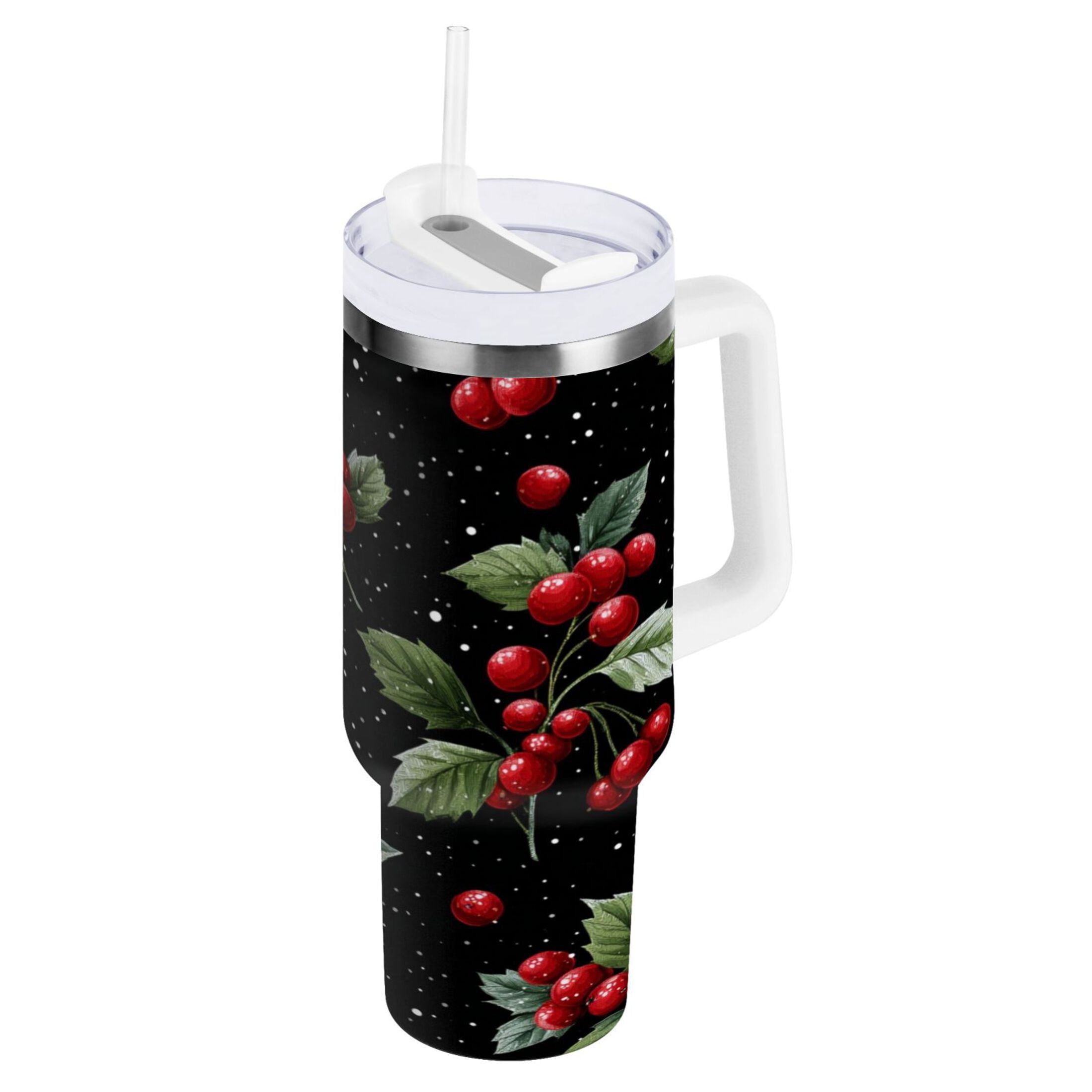 40 oz Insulated Stainless Steel Tumbler Double Wall Stainless Steel Tumbler with 2-Way Drinking Red Holly Berries Pattern UTTW